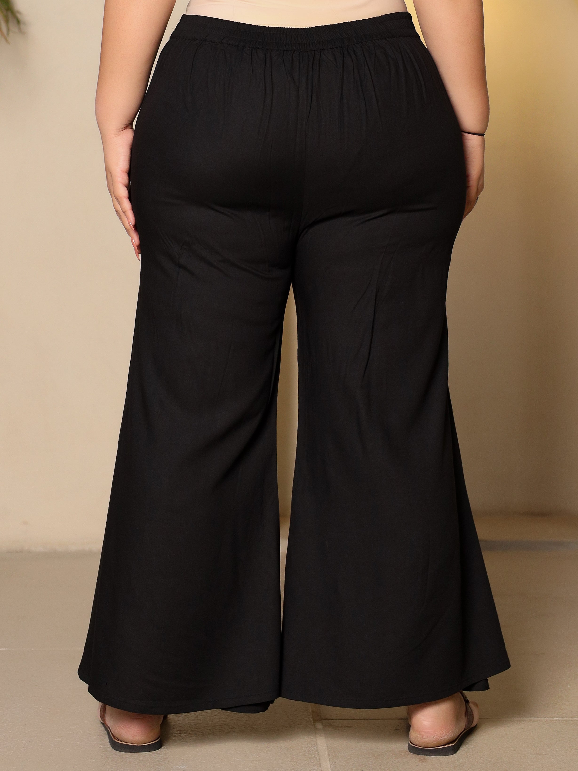 Juniper Black Modal Rayon Women Partially Elasticated Plus Size Bell Bottom Pants With Single Side Pocket