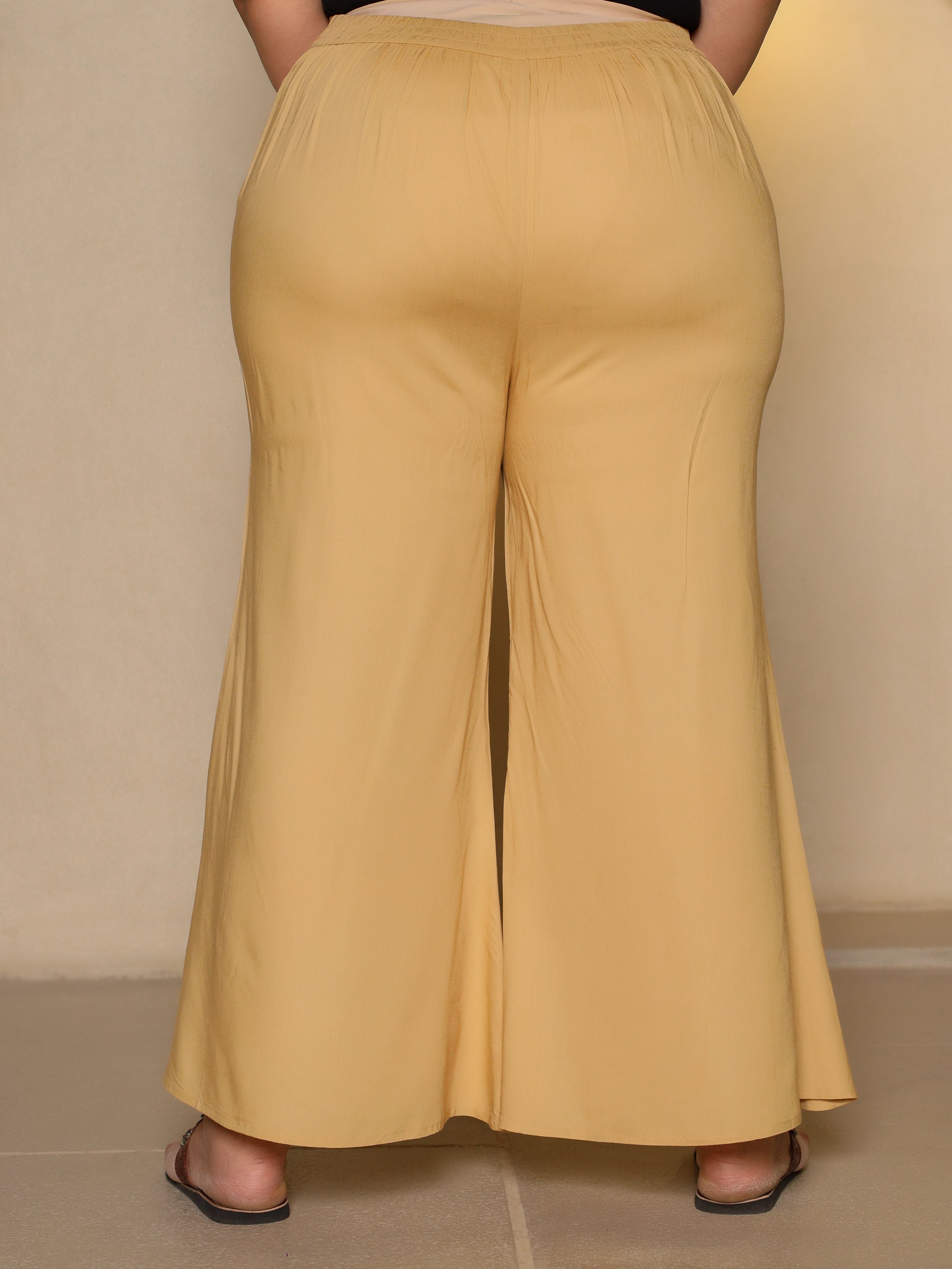 Juniper Beige Modal Rayon Women Partially Elasticated Plus Size Bell Bottom Pants With Single Side Pocket