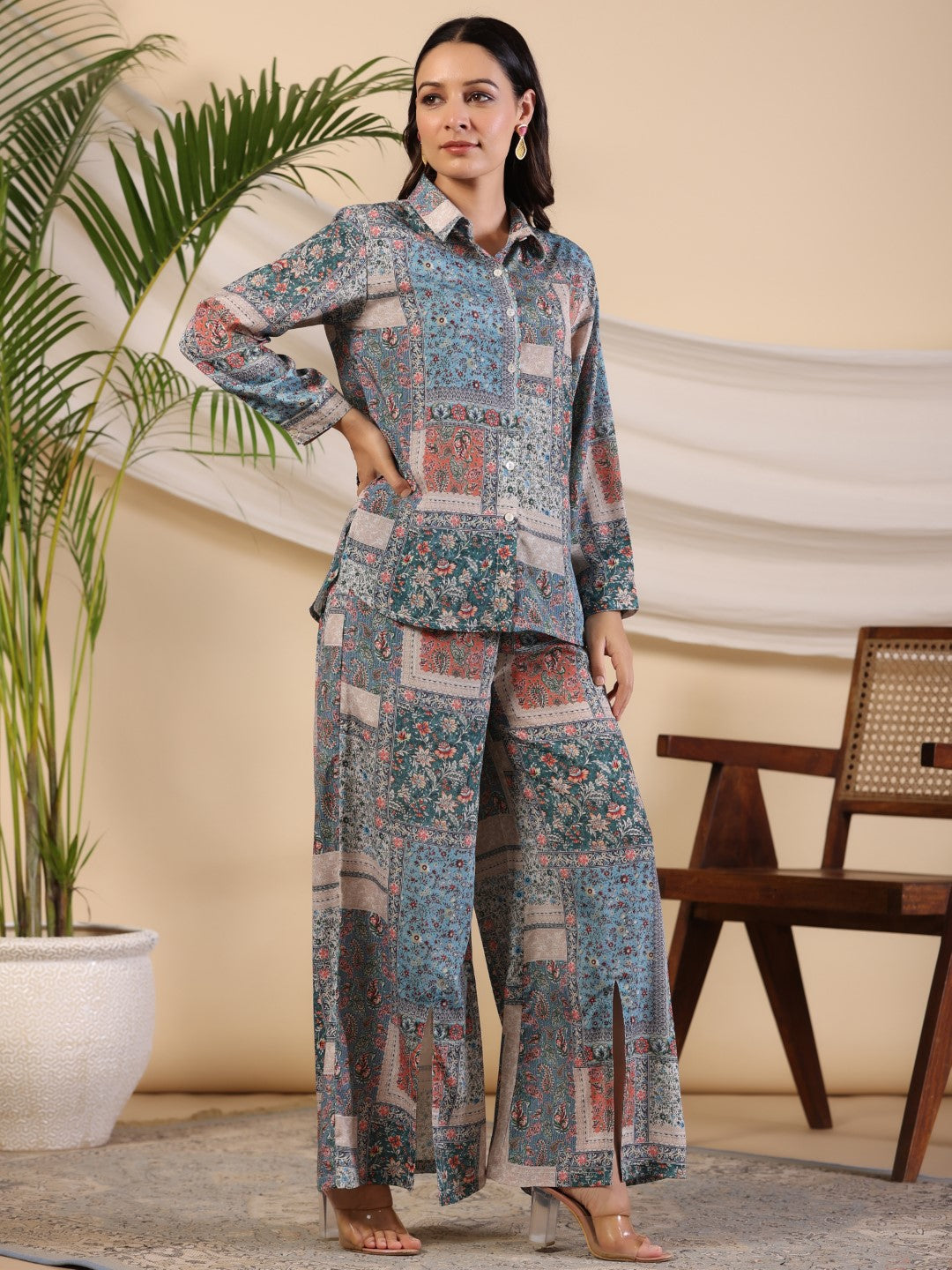 Juniper Women Multi Coloured Kasturi Silk Printed Co-ord Set