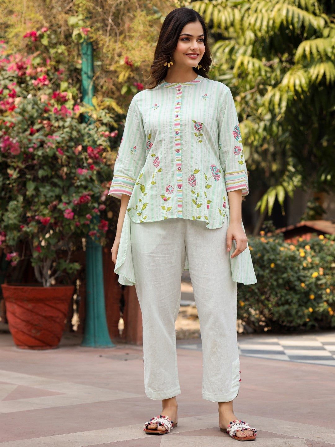 Juniper The Wonderland Mint Floral Print Cotton Shirt With Pant & Scarf Co-Ord Set With Kaudi & Button