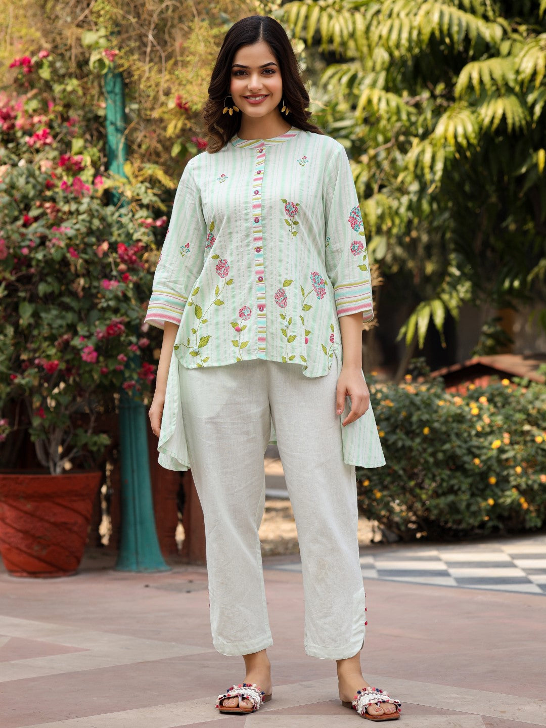 Juniper The Wonderland Mint Floral Print Cotton Shirt With Pant & Scarf Co-Ord Set With Kaudi & Button