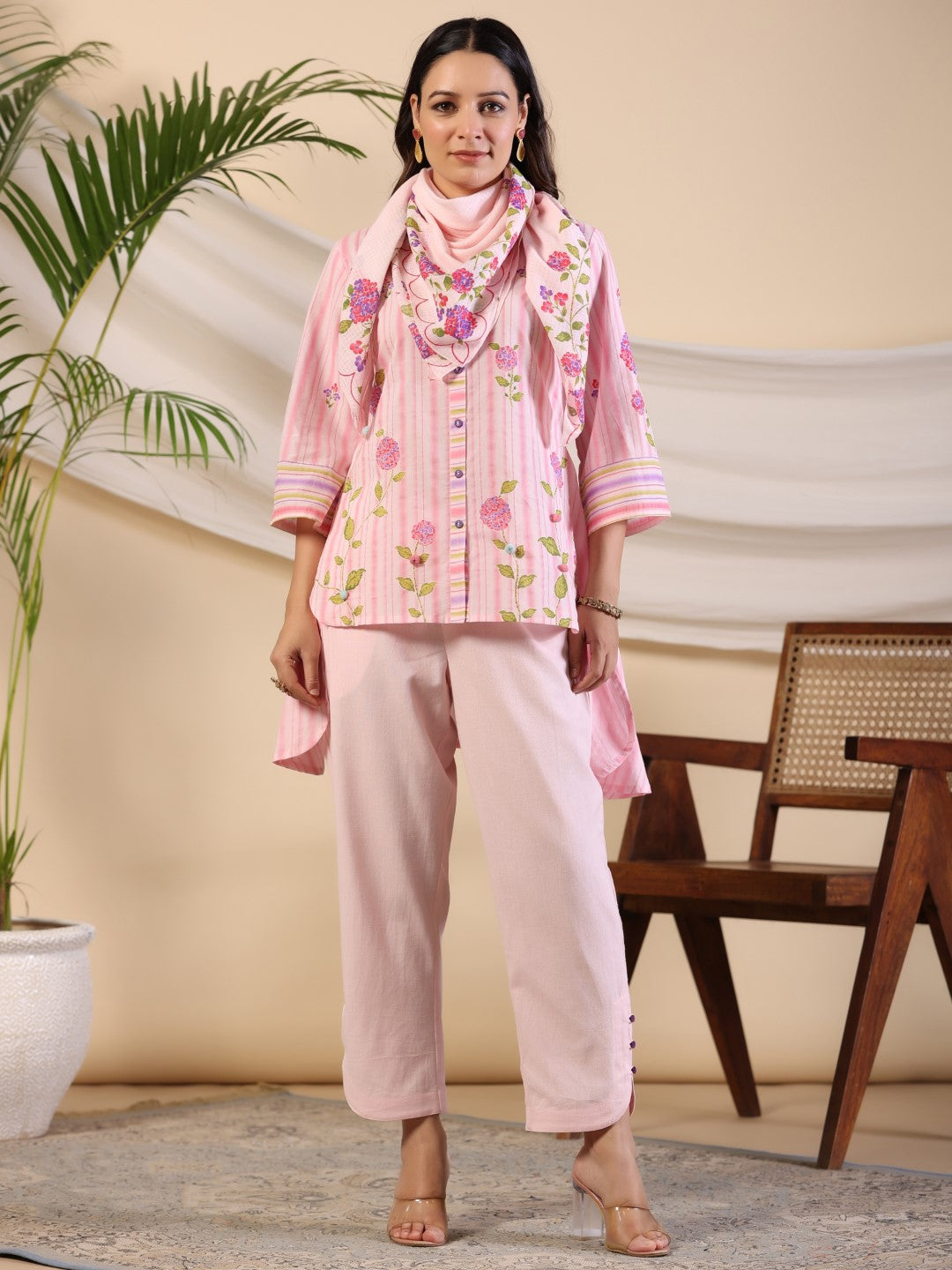 Juniper Women Pink Cotton Printed Clothing Set with Scarf