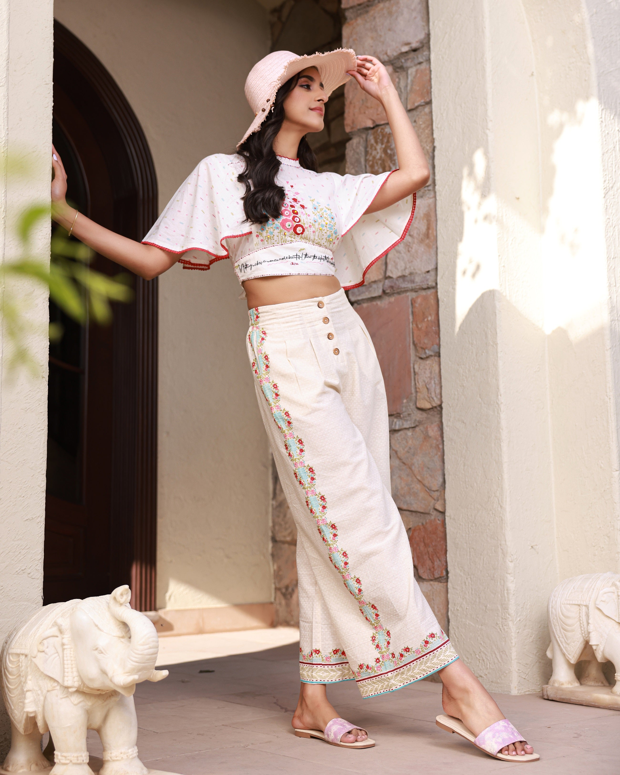 Juniper Women White Cotton Cambric & Flex Print with Embroidery Clothing Set