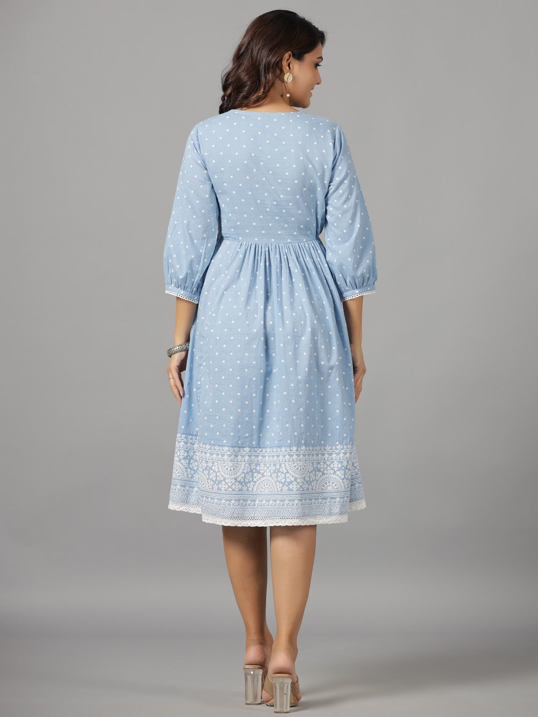 Juniper Women Sky Blue Cotton Cambric Printed with Embroidered Short Dress