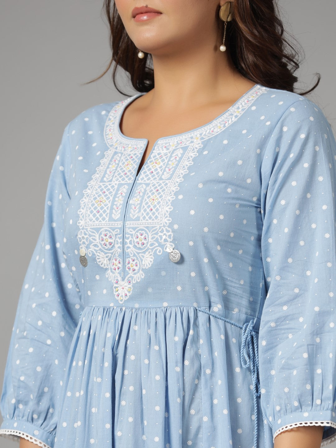 Juniper Sky Blue Ethnic Motif Printed Pure Cotton Dress With Beads & Sequins Work