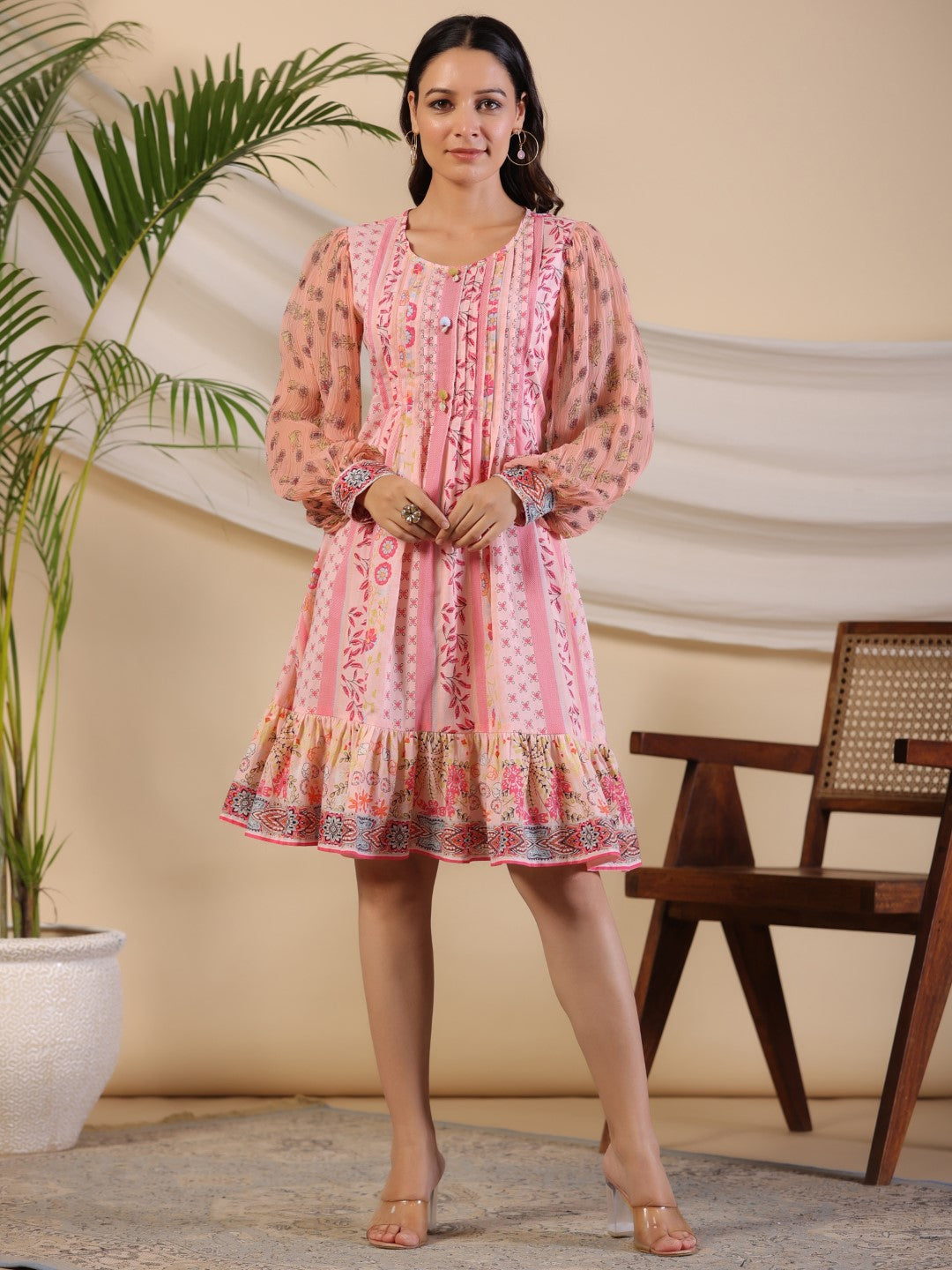 Juniper Women Pink Cotton Cambric Printed Short Dress