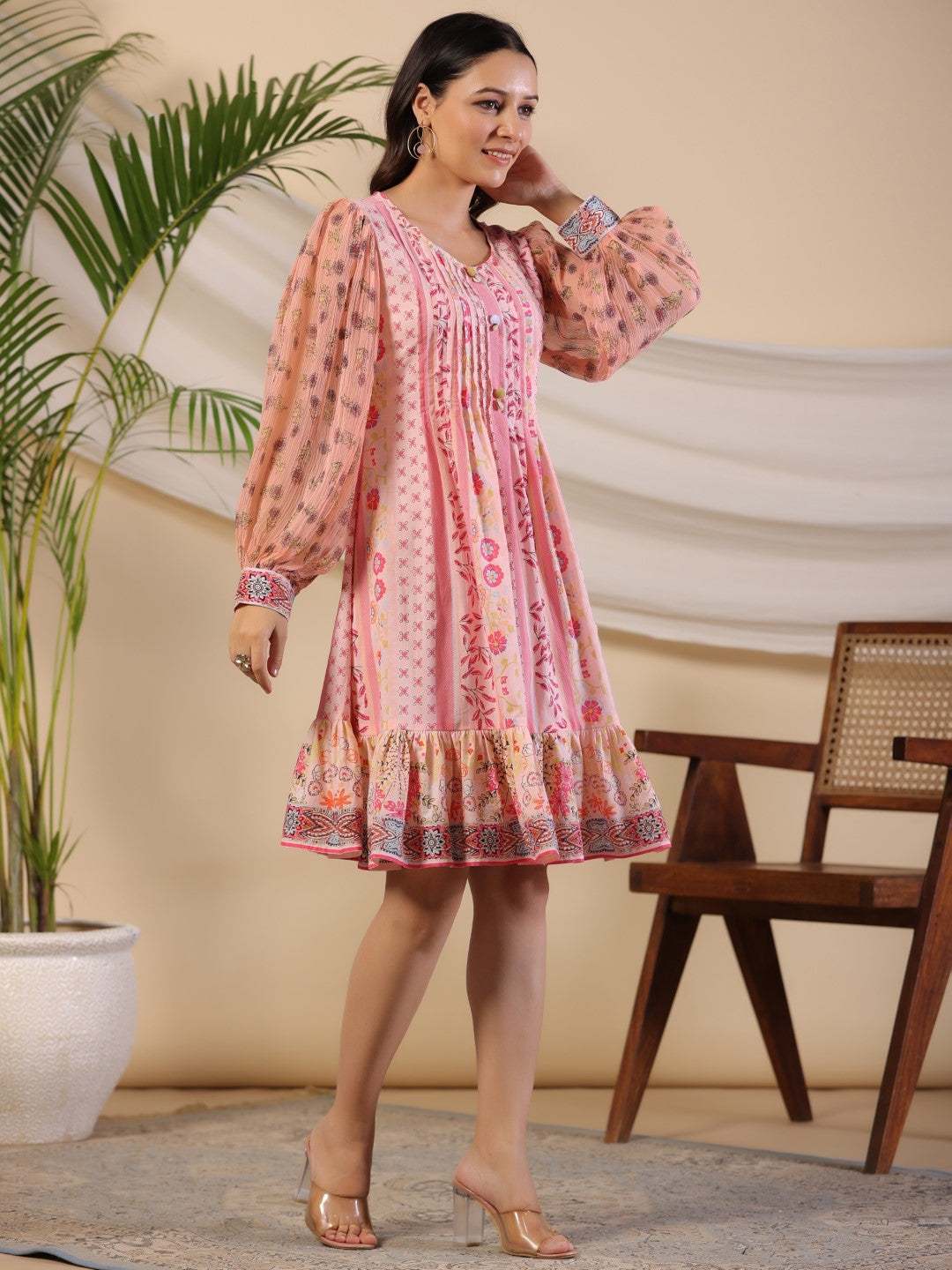 Juniper Women Pink Cotton Cambric Printed Short Dress