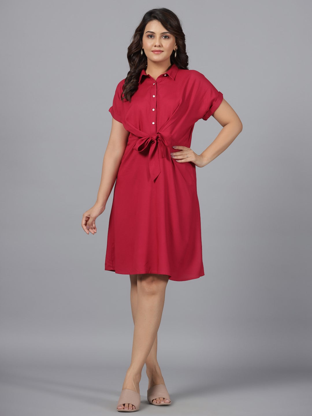 Juniper Fuchsia Solid Rayon A-Line Short Fusion Dress With Front Tie-Up