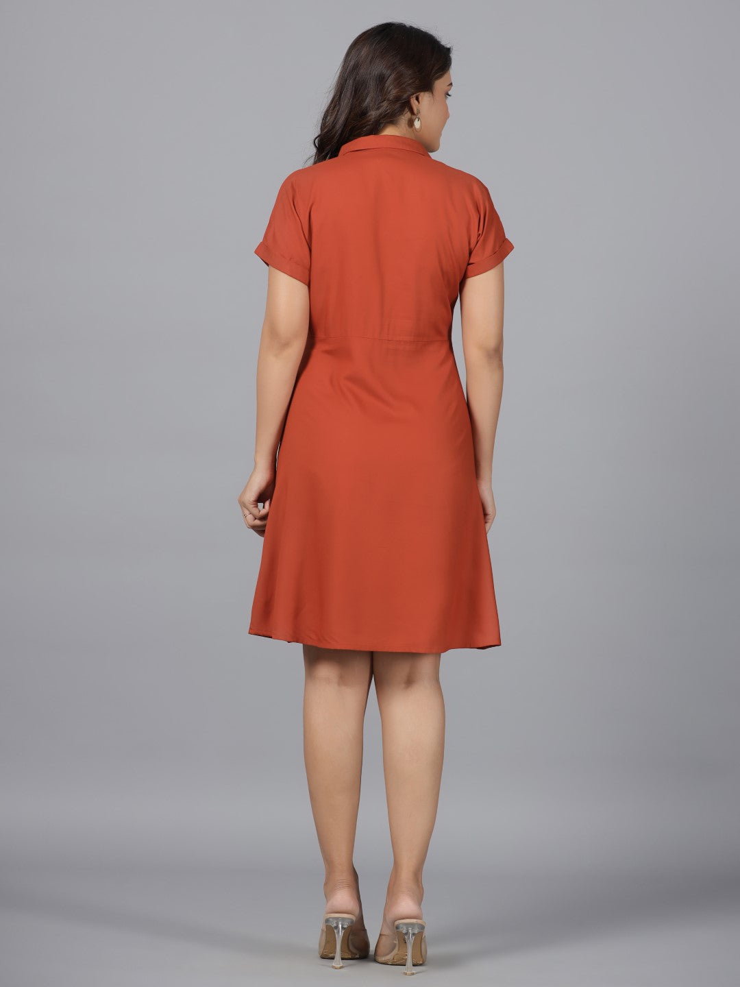 Juniper Rust Solid A-Lined Rayon Dress With Contrast Buttons & Front Tie Ups