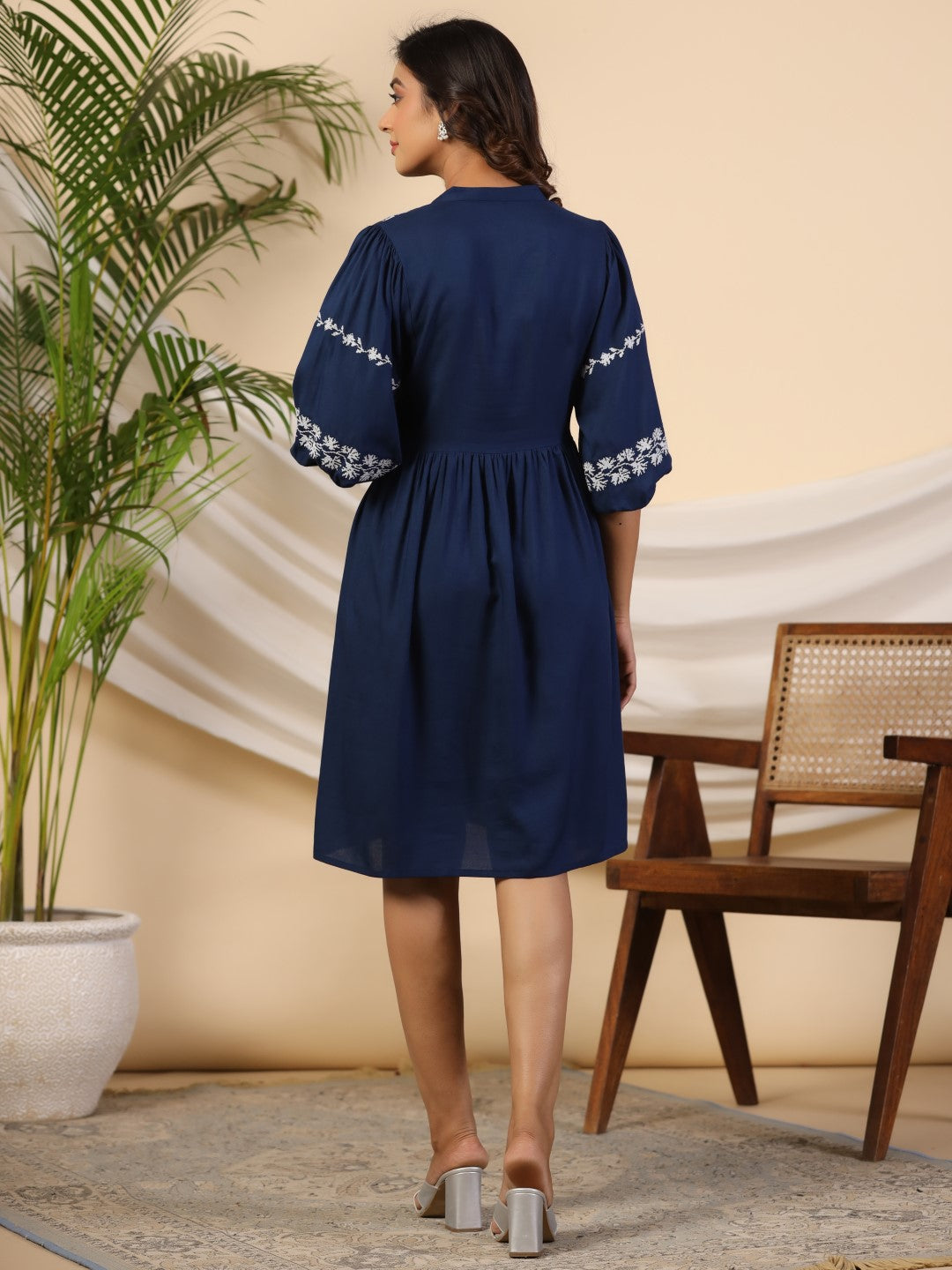 Navy Blue Rayon Embroidered Short Dress