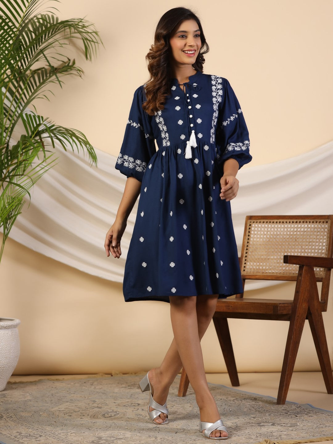 Navy Blue Rayon Embroidered Short Dress