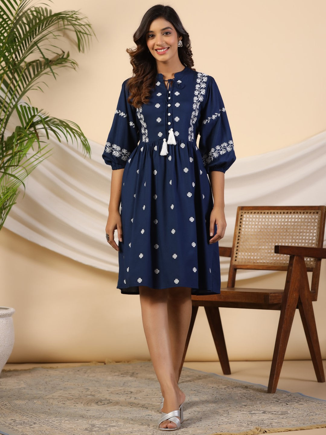 Juniper Rayon Blue Cross Stitched Embroidered Short Dress With Dori Tie Ups & Tassels