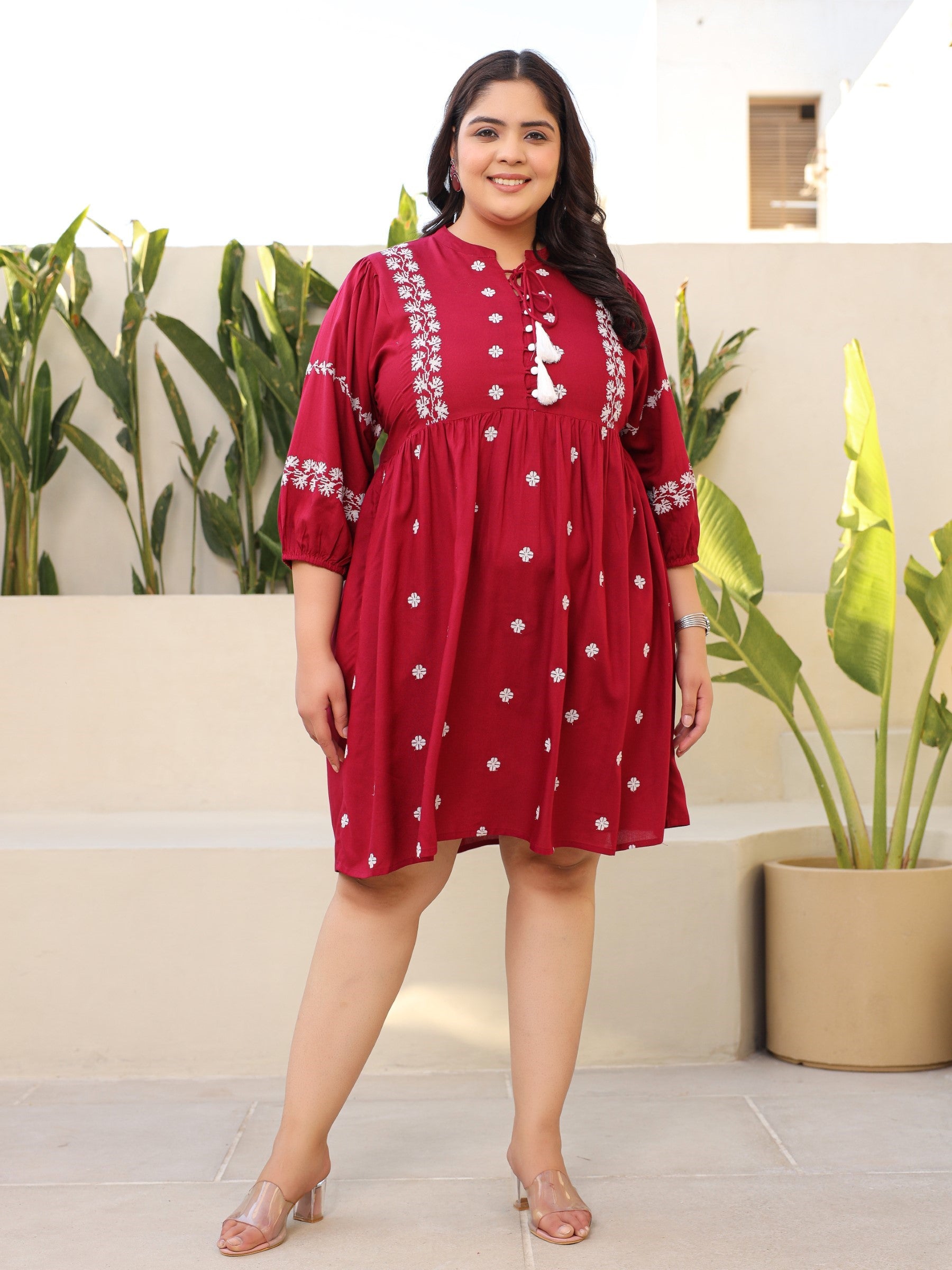 Rayon Wine Cross Stitched Embroidered Plus Size Short Dress With Dori Tie Ups & Tassels