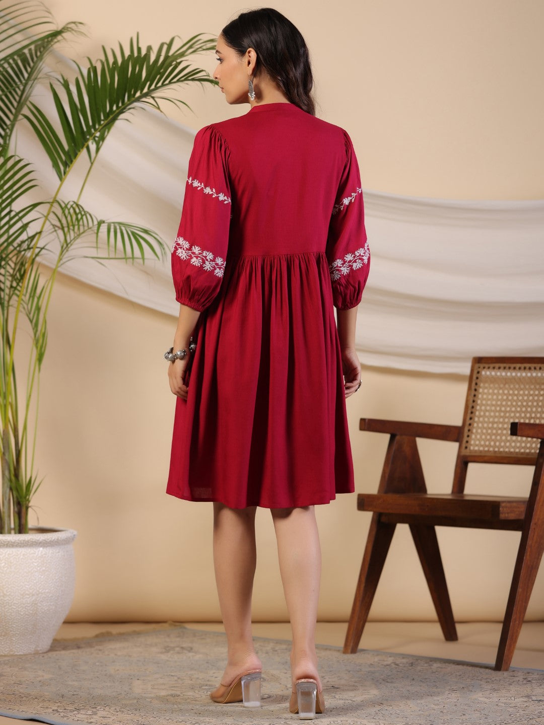 Juniper Women Wine Rayon Embroidered Short Dress