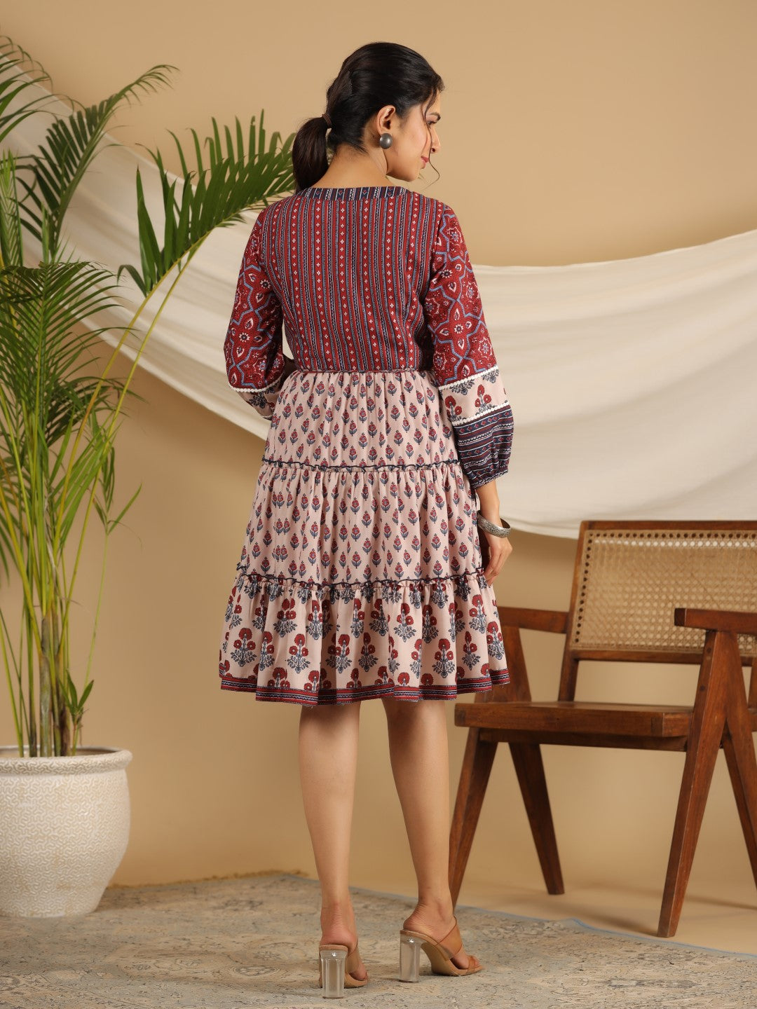 Juniper  Maroon Cotton Ethnic Motif Print Short Dress With Kantha Work Tassel Coin Kaudi & Sequins Work