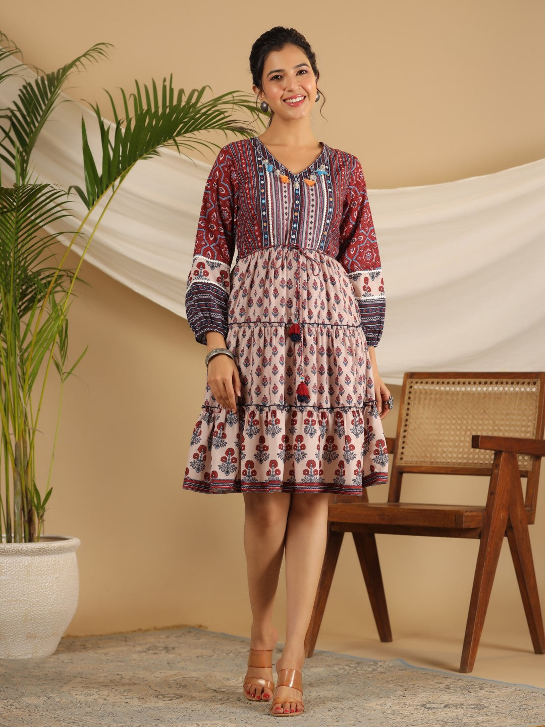Juniper Women Maroon Cotton Cambric Printed Short Dress