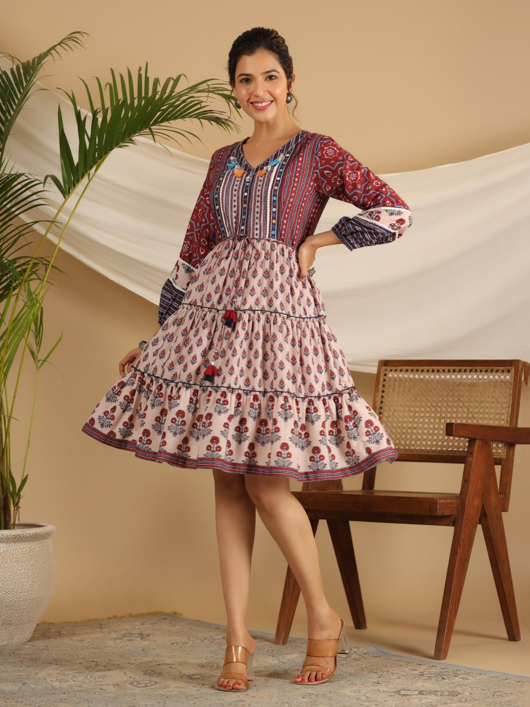 Juniper  Maroon Cotton Ethnic Motif Print Short Dress With Kantha Work Tassel Coin Kaudi & Sequins Work