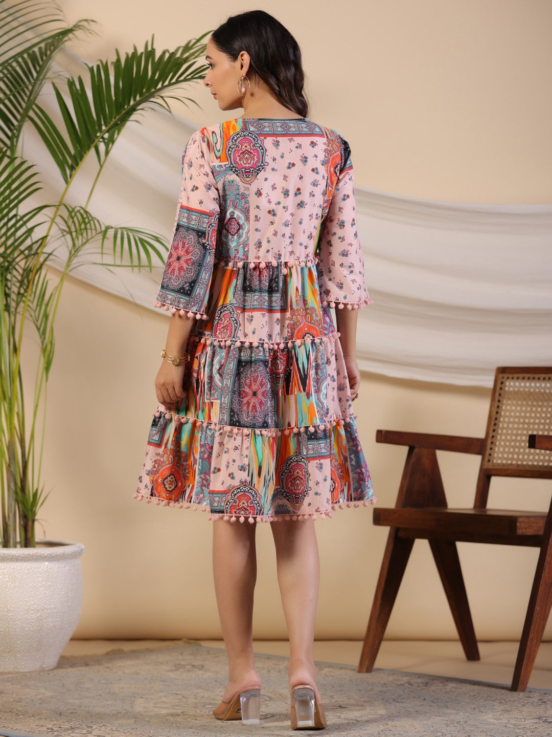 Juniper Women Multi-Coloured Cotton Cambric Printed Short Tiered Dress