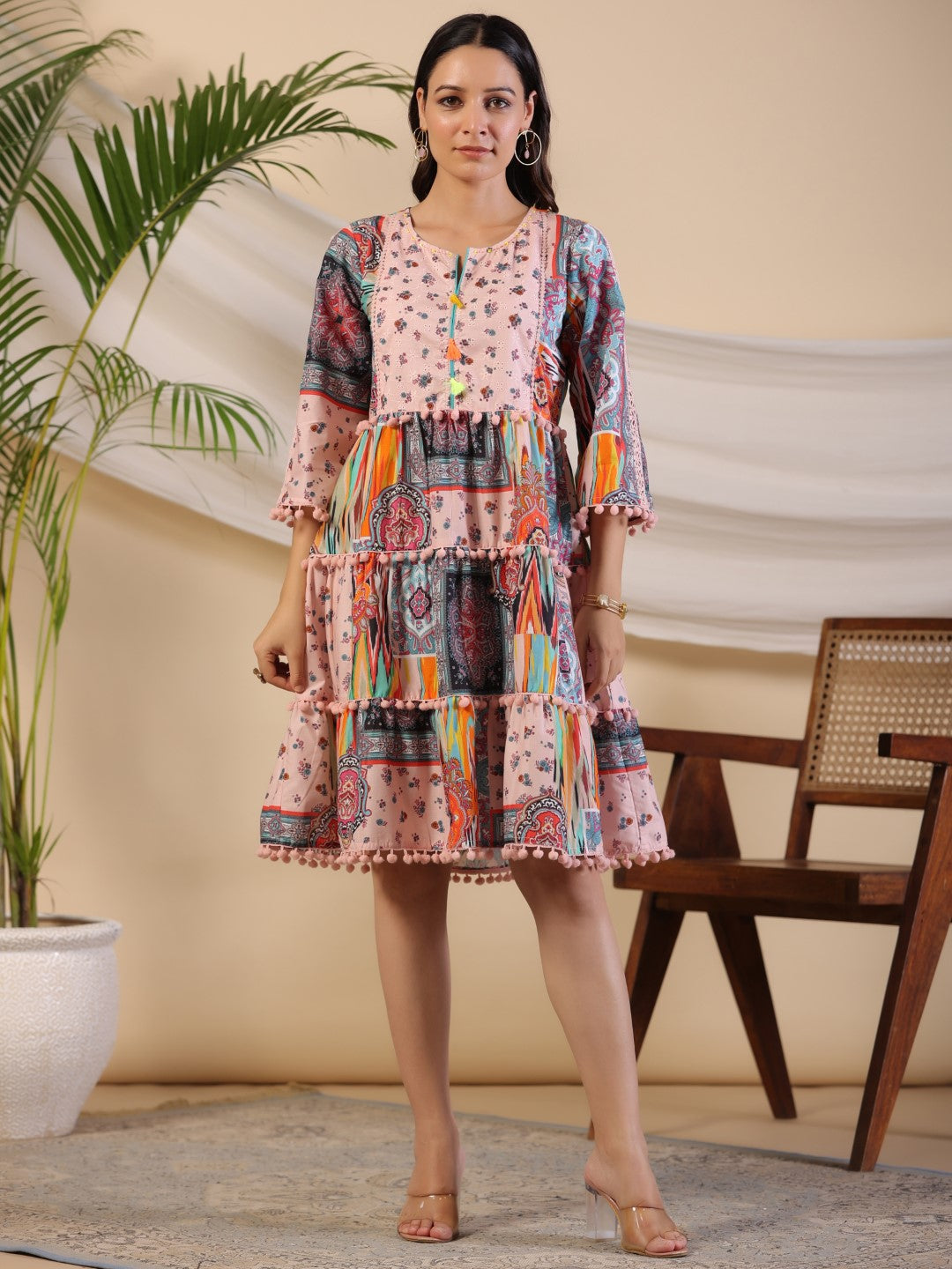 Juniper Multi-Colour Floral Printed Pure Cotton Dress With Lace Work