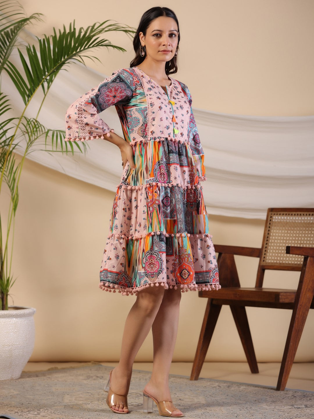 Juniper Women Multi-Coloured Cotton Cambric Printed Short Tiered Dress