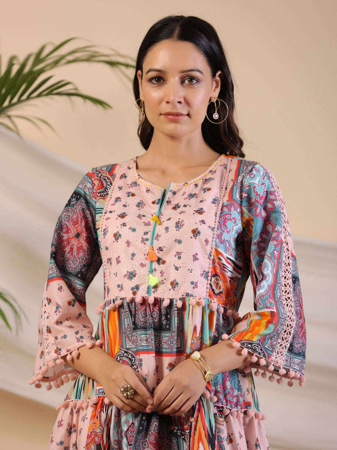 Juniper Multi-Colour Floral Printed Pure Cotton Dress With Lace Work