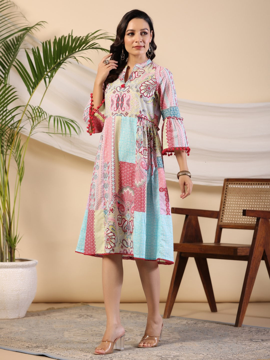 Juniper Women Multi Coloured Cotton Cambric Printed Midi Dress