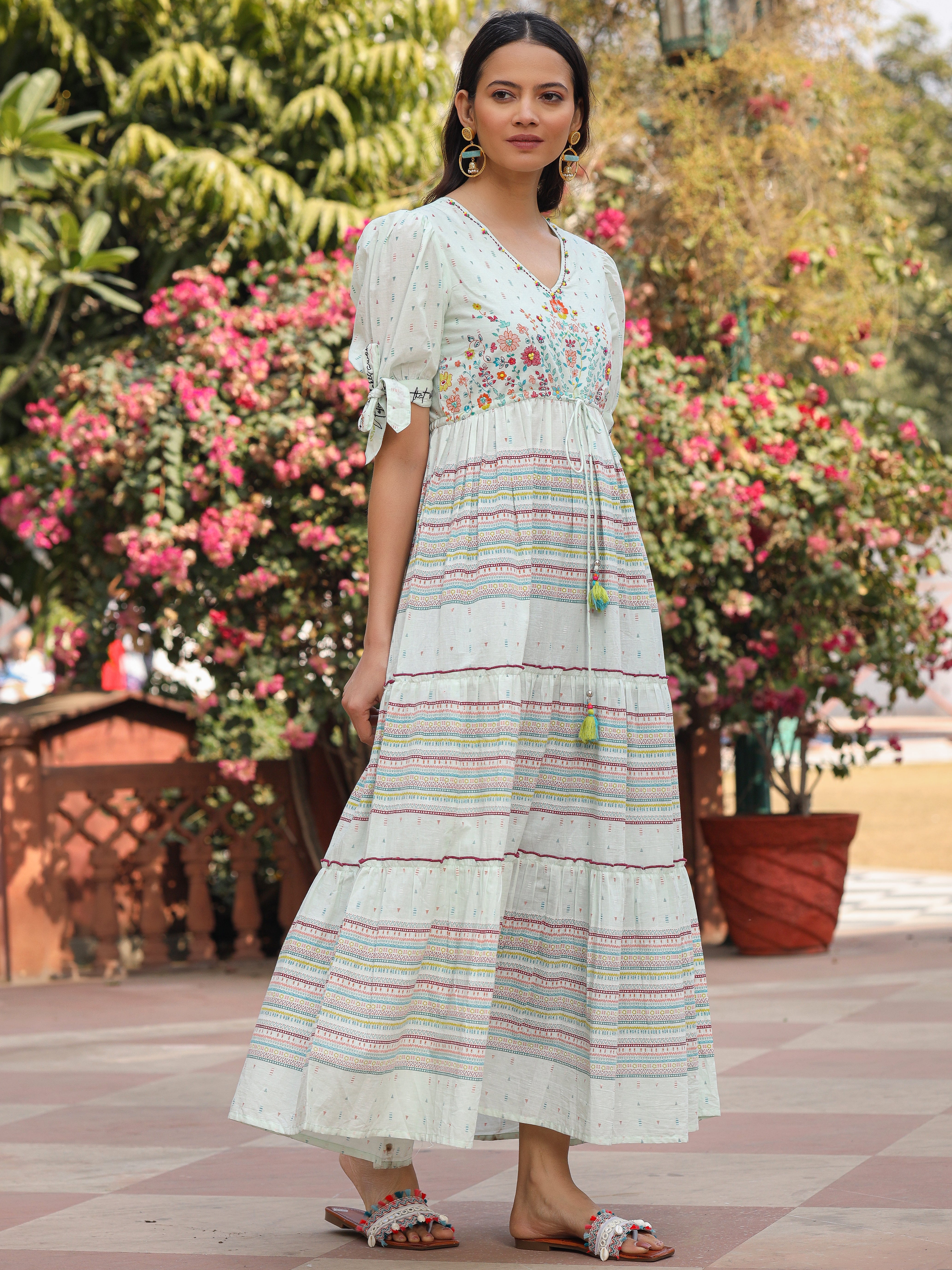 Mint Cotton Cambric Printed Tiered Maxi Dress