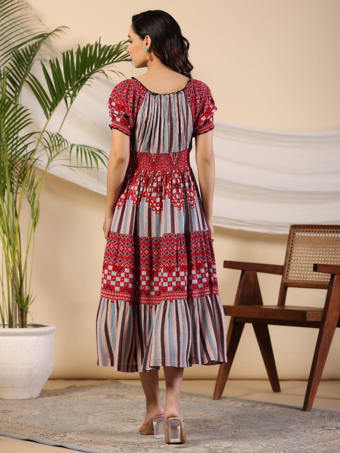 Juniper Women Multi Coloured LIVA Rayon Crepe Printed Tiered Maxi Dress