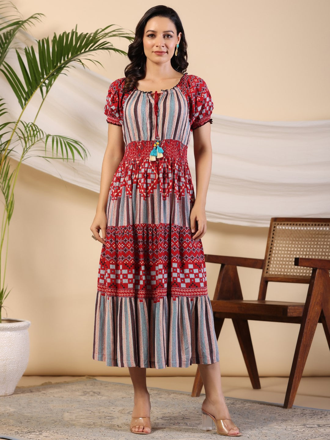 Juniper Women Multi Coloured Rayon Crepe Printed Tiered Maxi Dress