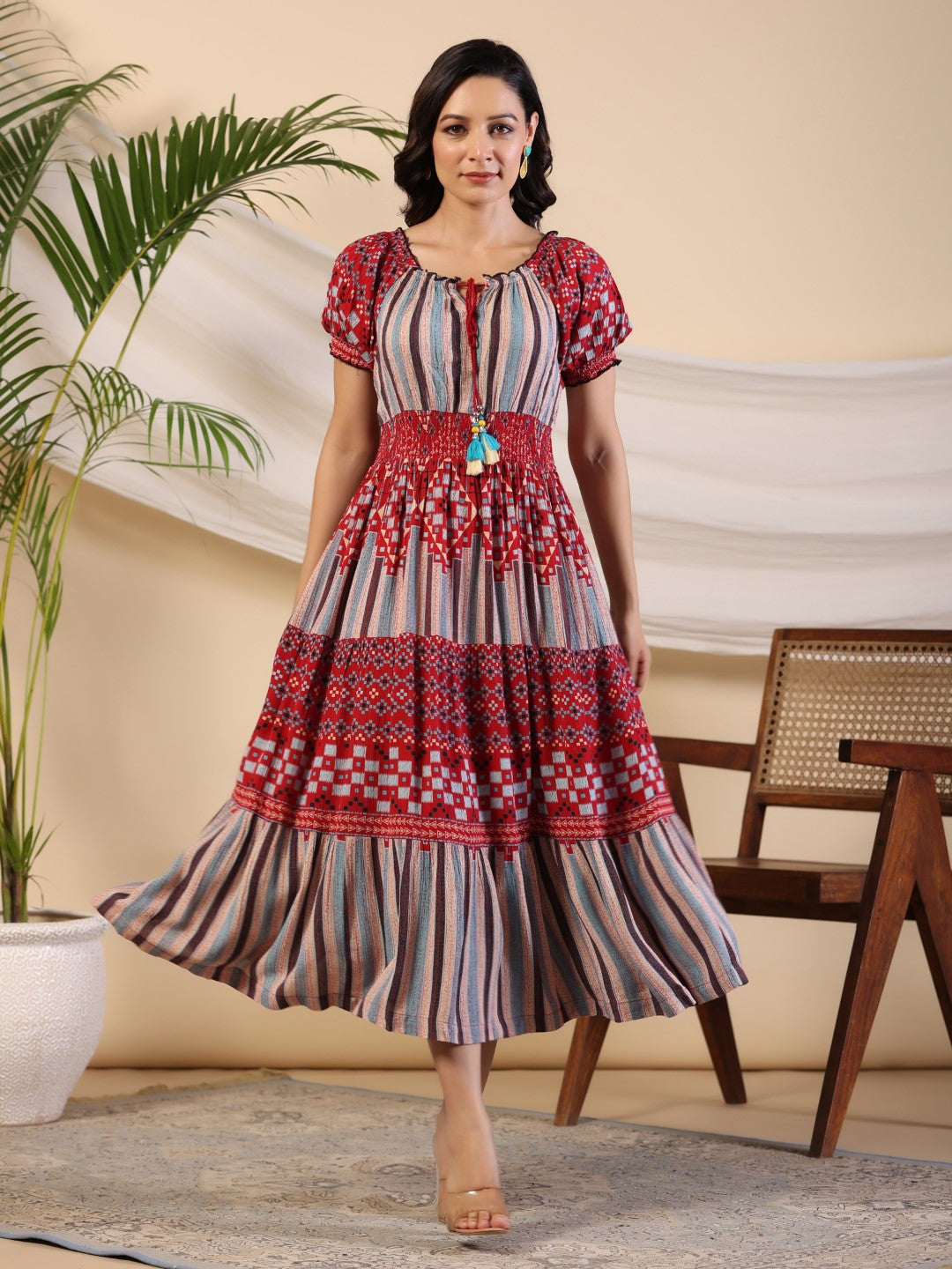 Juniper Women Multi Coloured LIVA Rayon Crepe Printed Tiered Maxi Dress