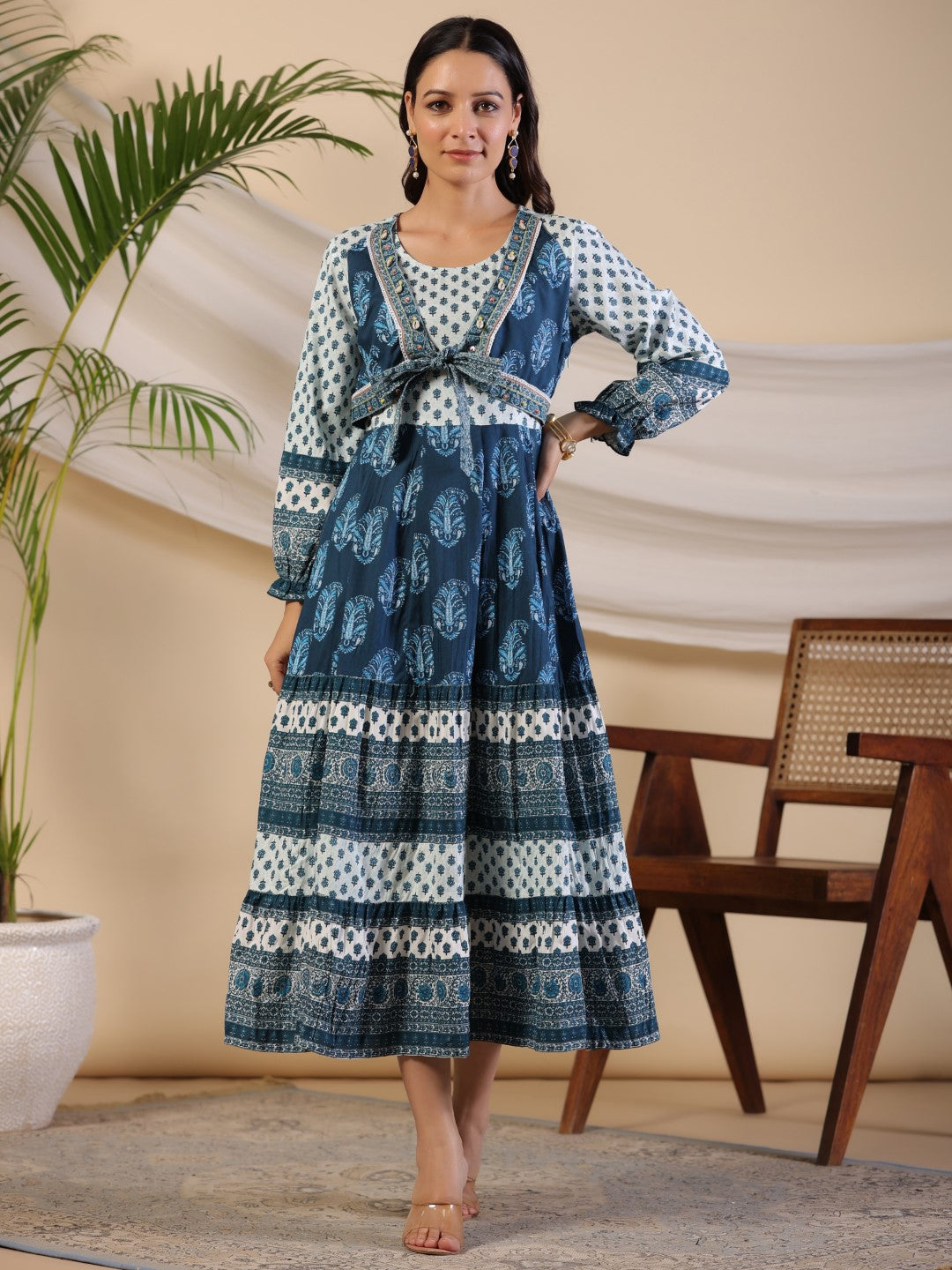 Juniper Women LIVA Rayon Blue Printed Tiered Maxi Dress