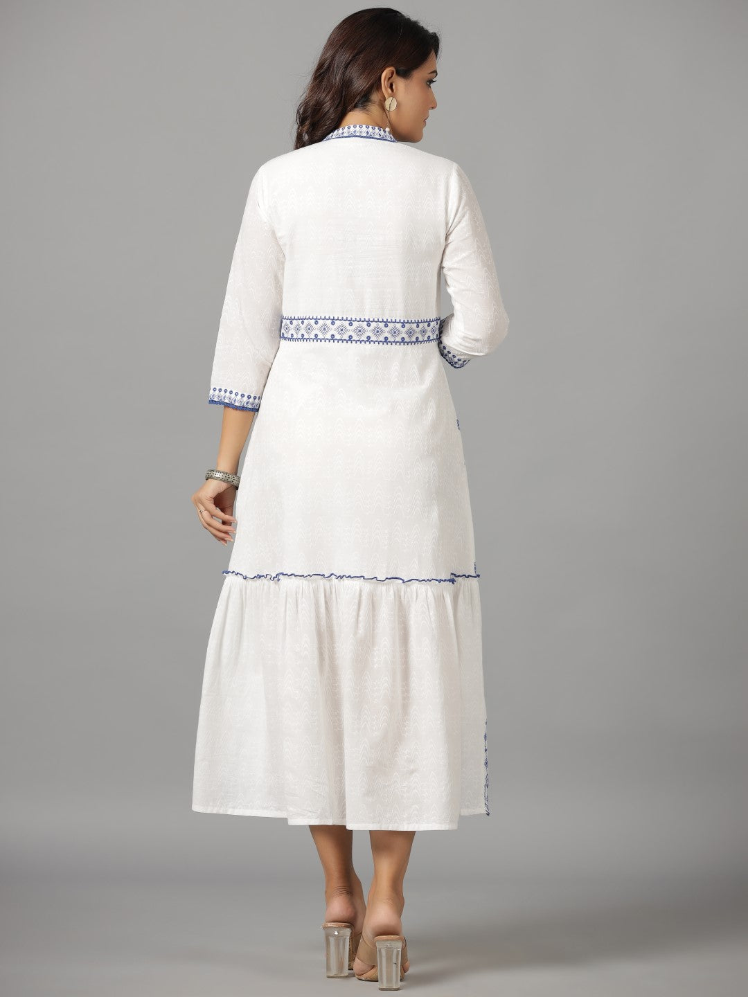 Juniper Women White Cotton Dobby Embroidered Maxi Dress