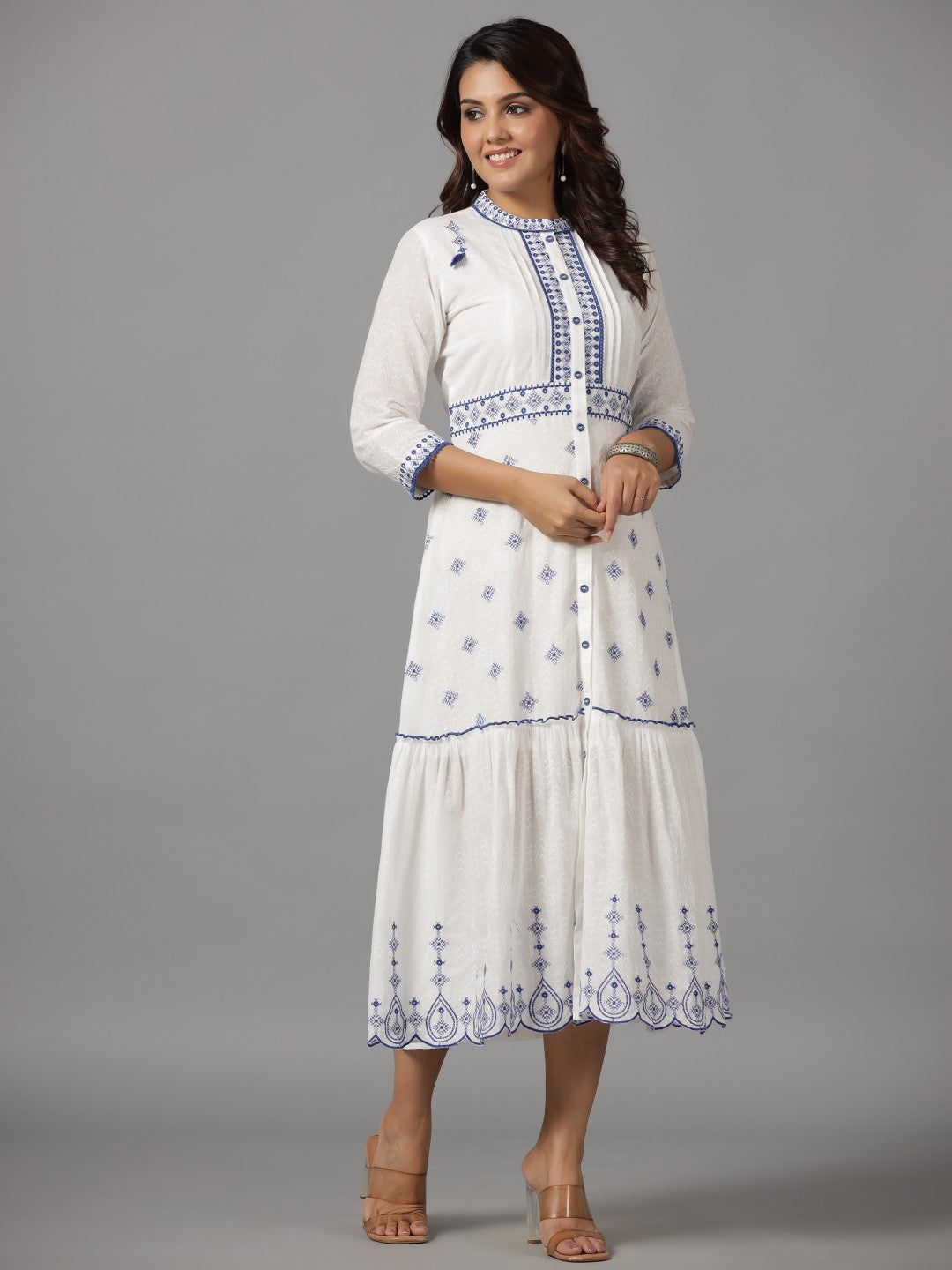 Juniper Women White Cotton Dobby Embroidered Maxi Dress