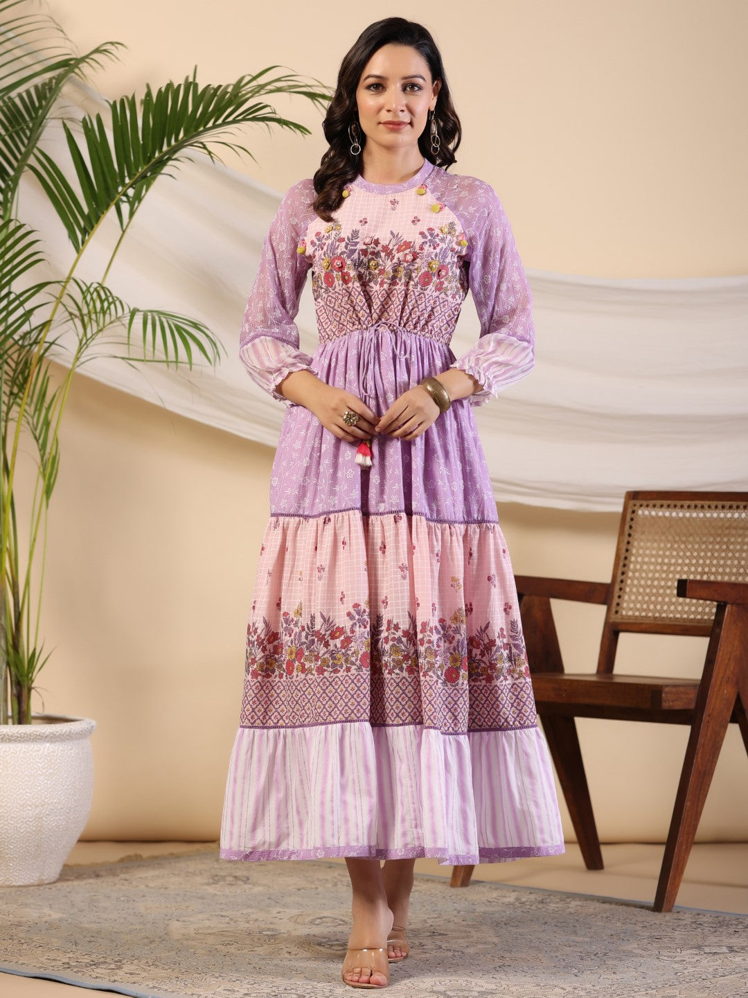 Juniper Women Purple Cotton Voile Printed Tiered Maxi Dress