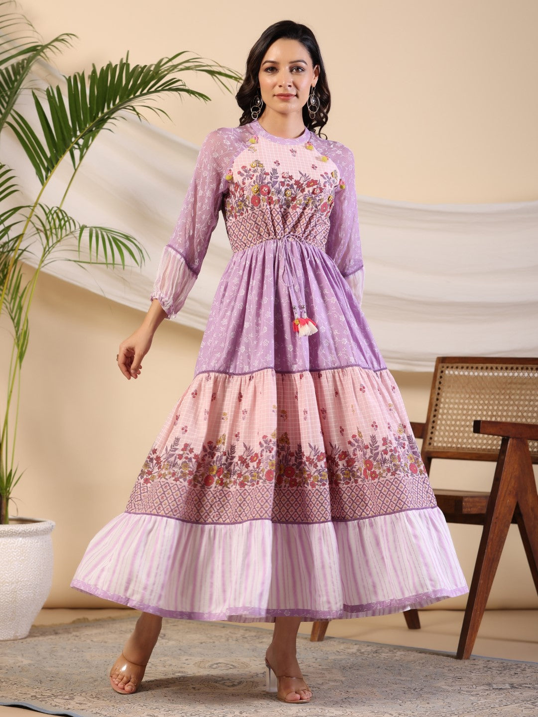 Juniper Purple Wonderland Cotton & Chiffon Floral Printed Tiered Maxi Dress With Lace & 3D Handwork