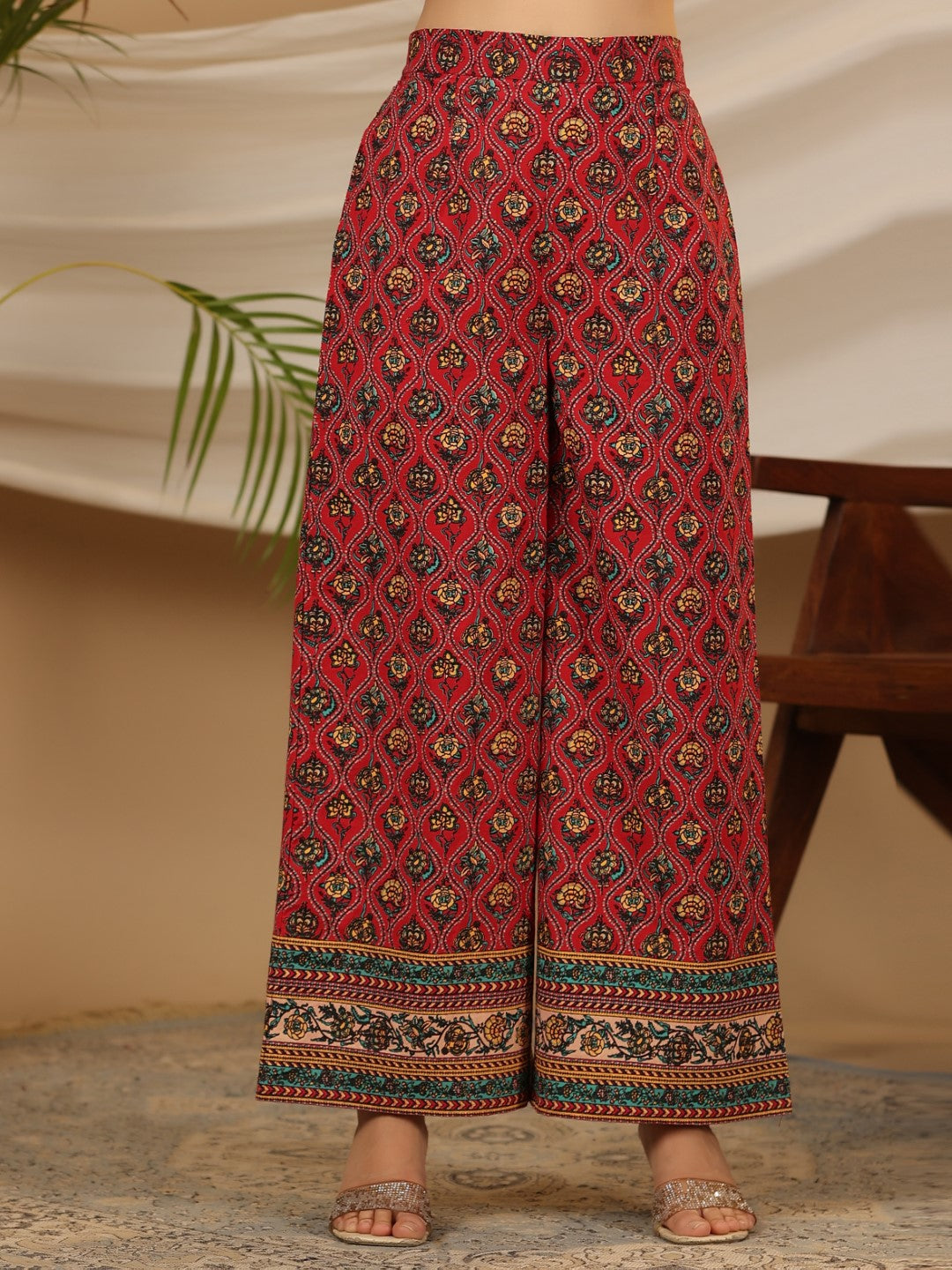 Juniper Red Madhubala Pure Cotton Ethnic Motif Printed Laced Kurta With Palazzo & Dupatta (3-Pcs)