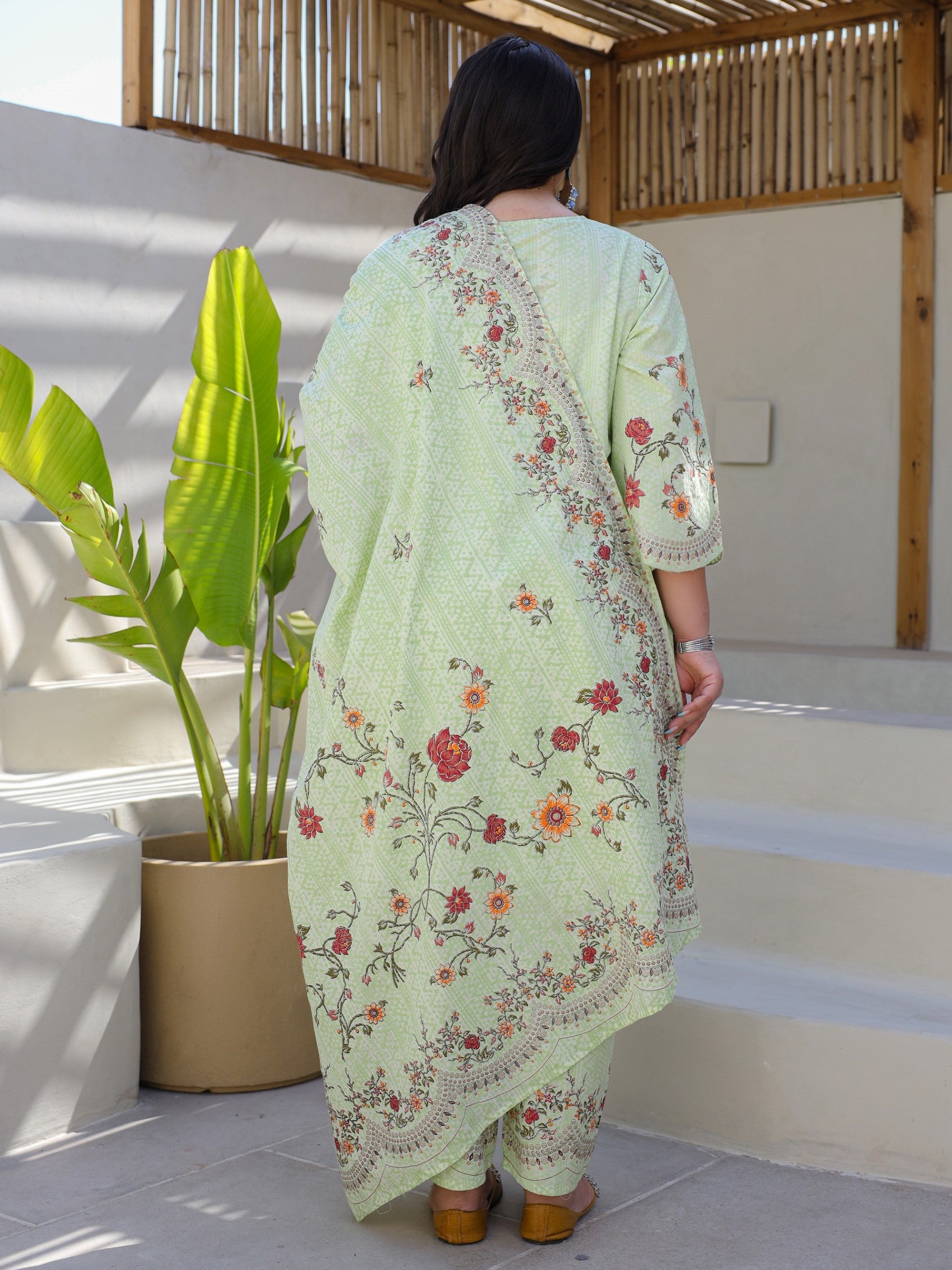 Juniper Green Floral & Ethnic Motif Printed Cotton Cambric Plus Size Kurta Pants & Dupatta Set With Beads & Sequins (3-Pcs)