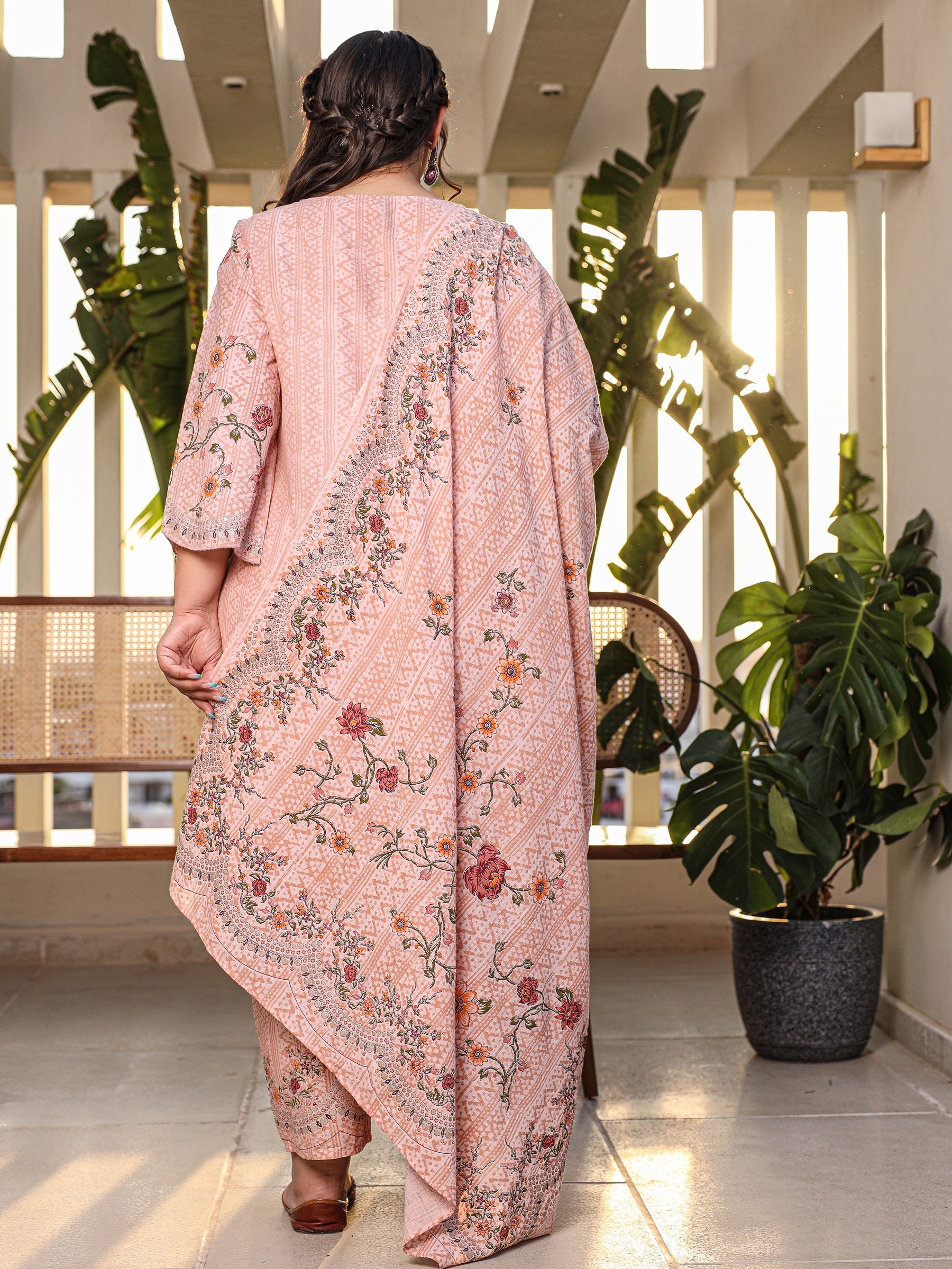 Pink Floral & Ethnic Motif Printed Cotton Cambric Plus Size Kurta Pants & Dupatta Set With Beads & Sequins (3-Pcs)