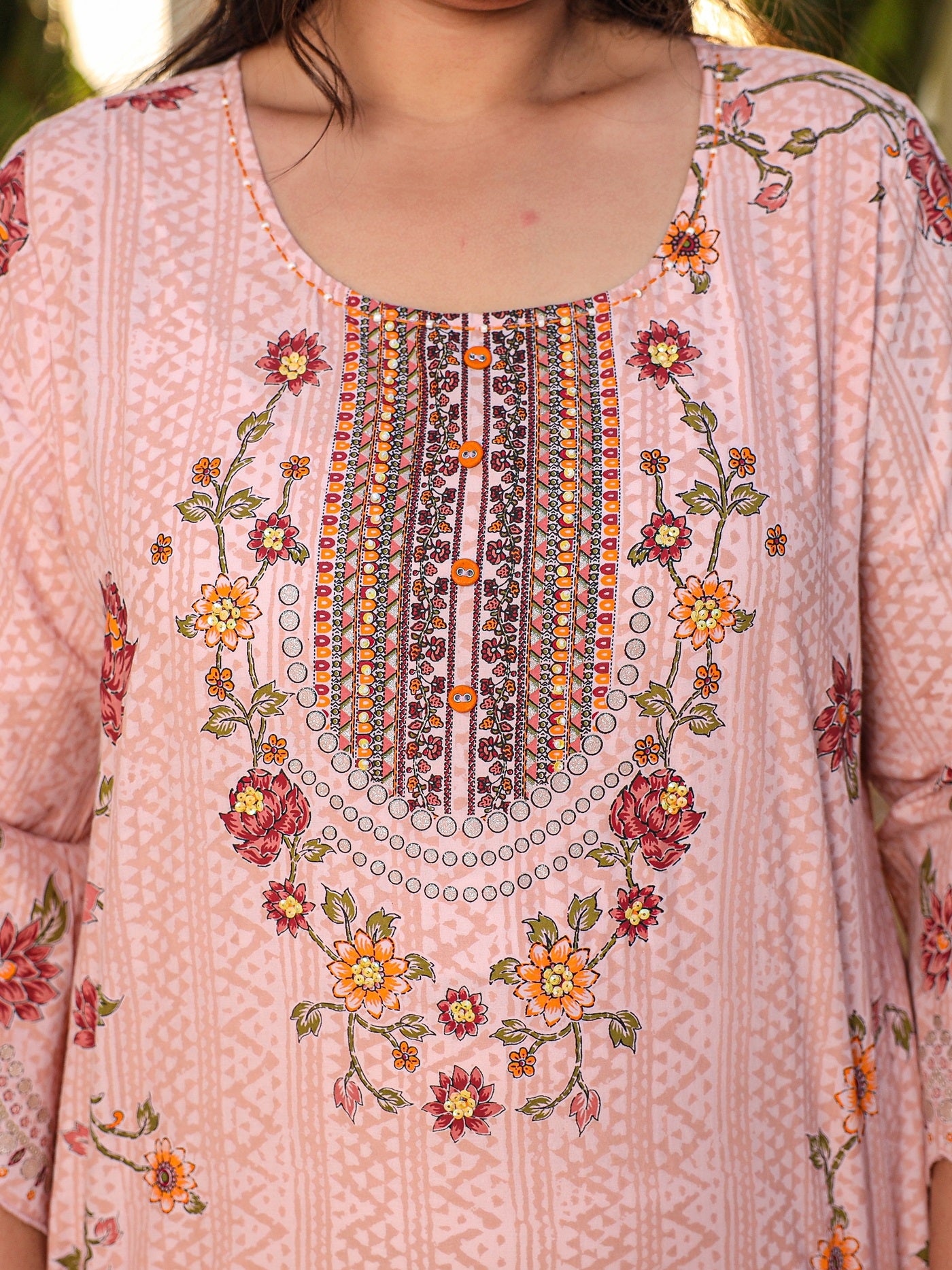 Pink Floral & Ethnic Motif Printed Cotton Cambric Plus Size Kurta Pants & Dupatta Set With Beads & Sequins (3-Pcs)