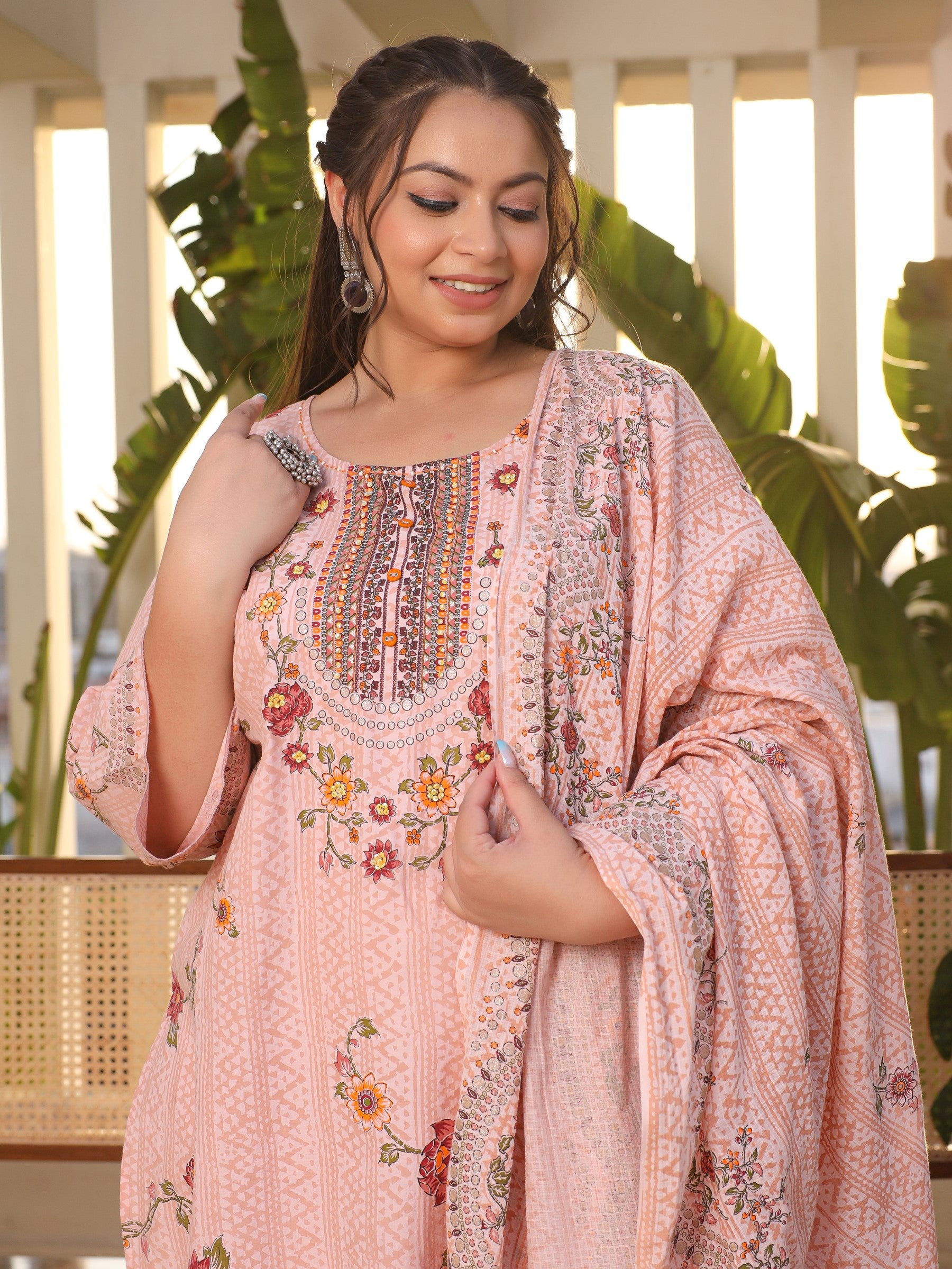 Juniper Pink Floral & Ethnic Motif Printed Cotton Cambric Plus Size Kurta Pants & Dupatta Set With Beads & Sequins (3-Pcs)