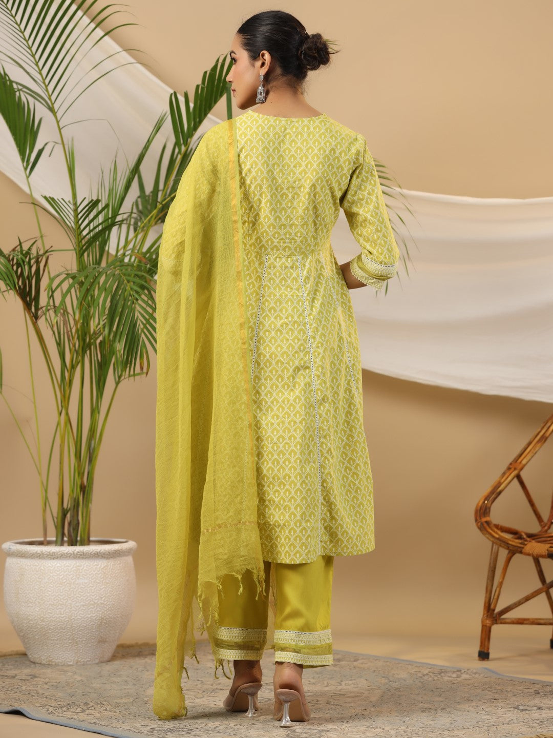 Juniper Women Lime Green Cotton Cambric & LIVA Rayon Printed Anarkali Kurta Set