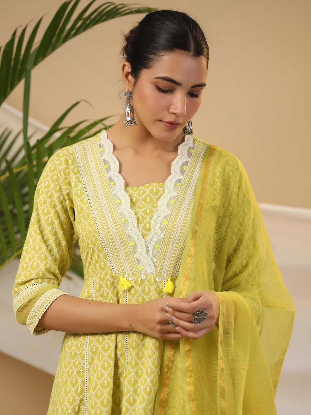 Juniper Women Lime Green Cotton Cambric & LIVA Rayon Printed Anarkali Kurta Set