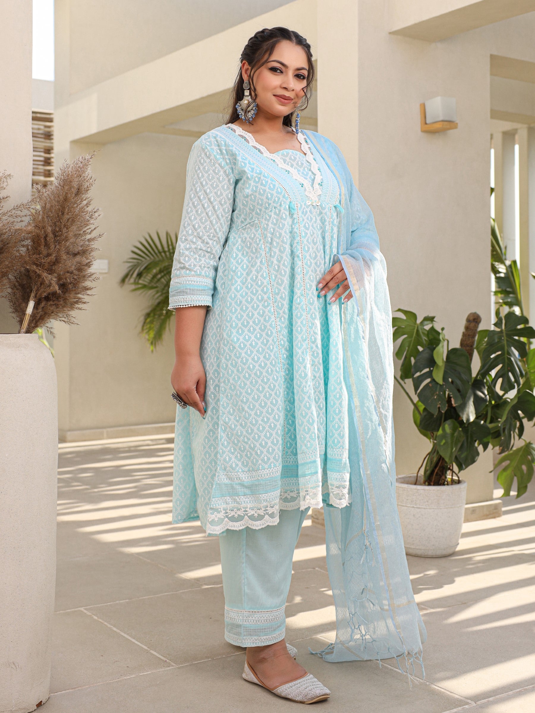 The Rooh Sky Blue Ethnic Motif Printed & Laced Pure Cotton Plus Size Anarkali Kurta Pants & Dupatta Set With Tassels Sequins & Buttons