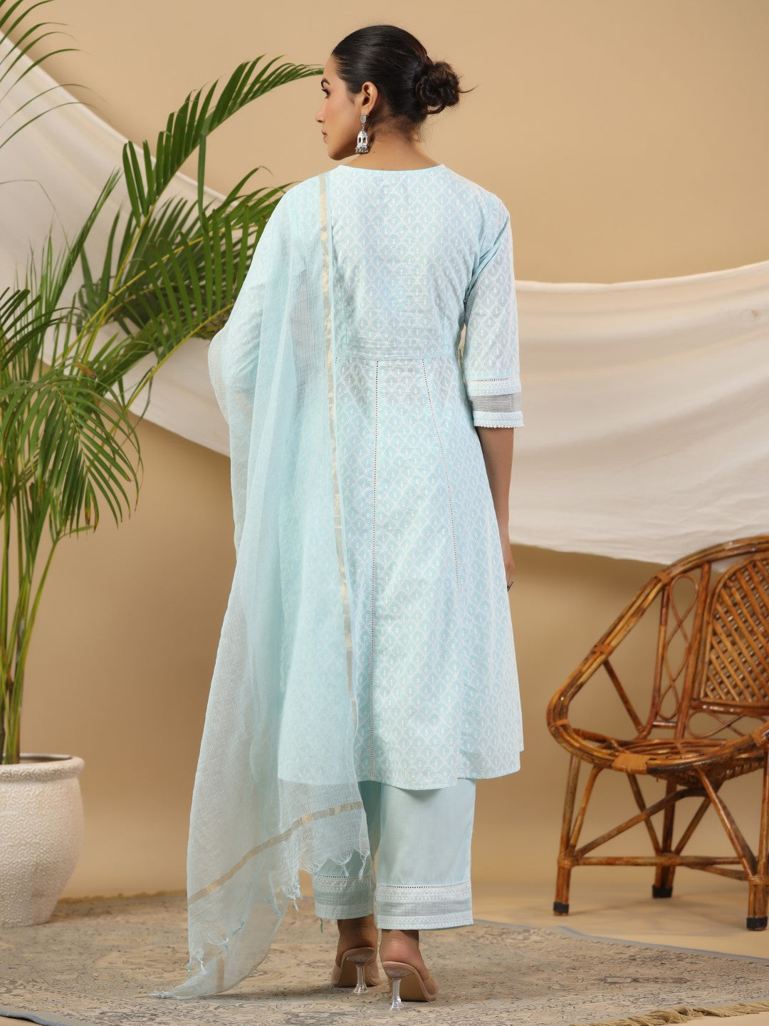 Juniper Women Sky Blue Cotton Cambric & LIVA Rayon Printed Anarkali Kurta Set