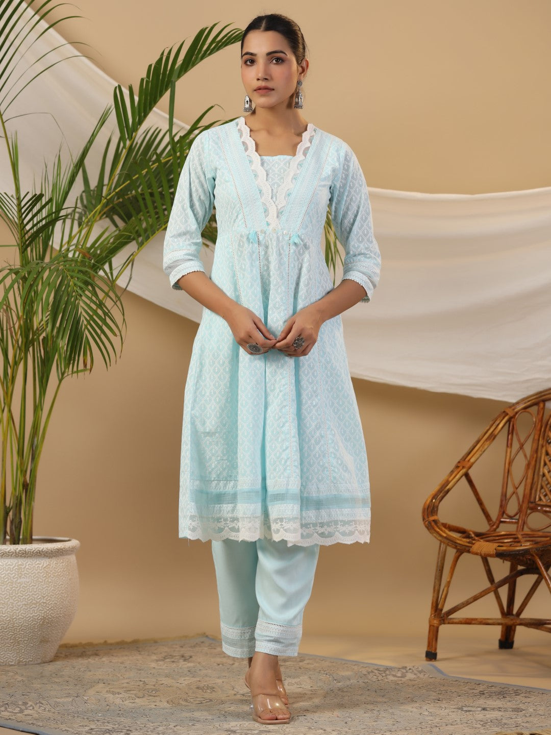 Juniper Ethnic Motif Print & Lacy Pure Cotton Kurta With Pant & Dupatta Set With Tassel Sequin & Buttons