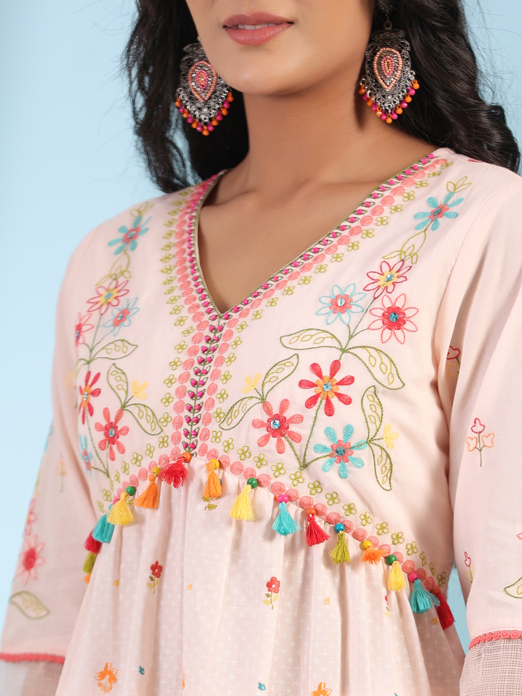 Juniper Women Peach Cotton Cambric Embroidered Alia Cut Kurta Set