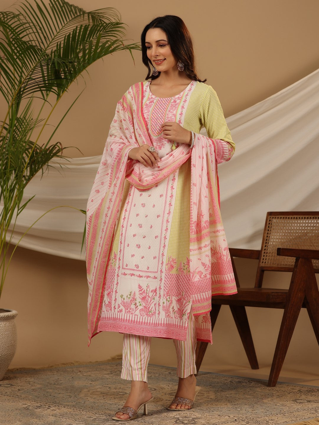 Juniper Multi-Colour Floral Printed Rayon Kurta & Pant Dupatta Set With Beads & Sequins Work