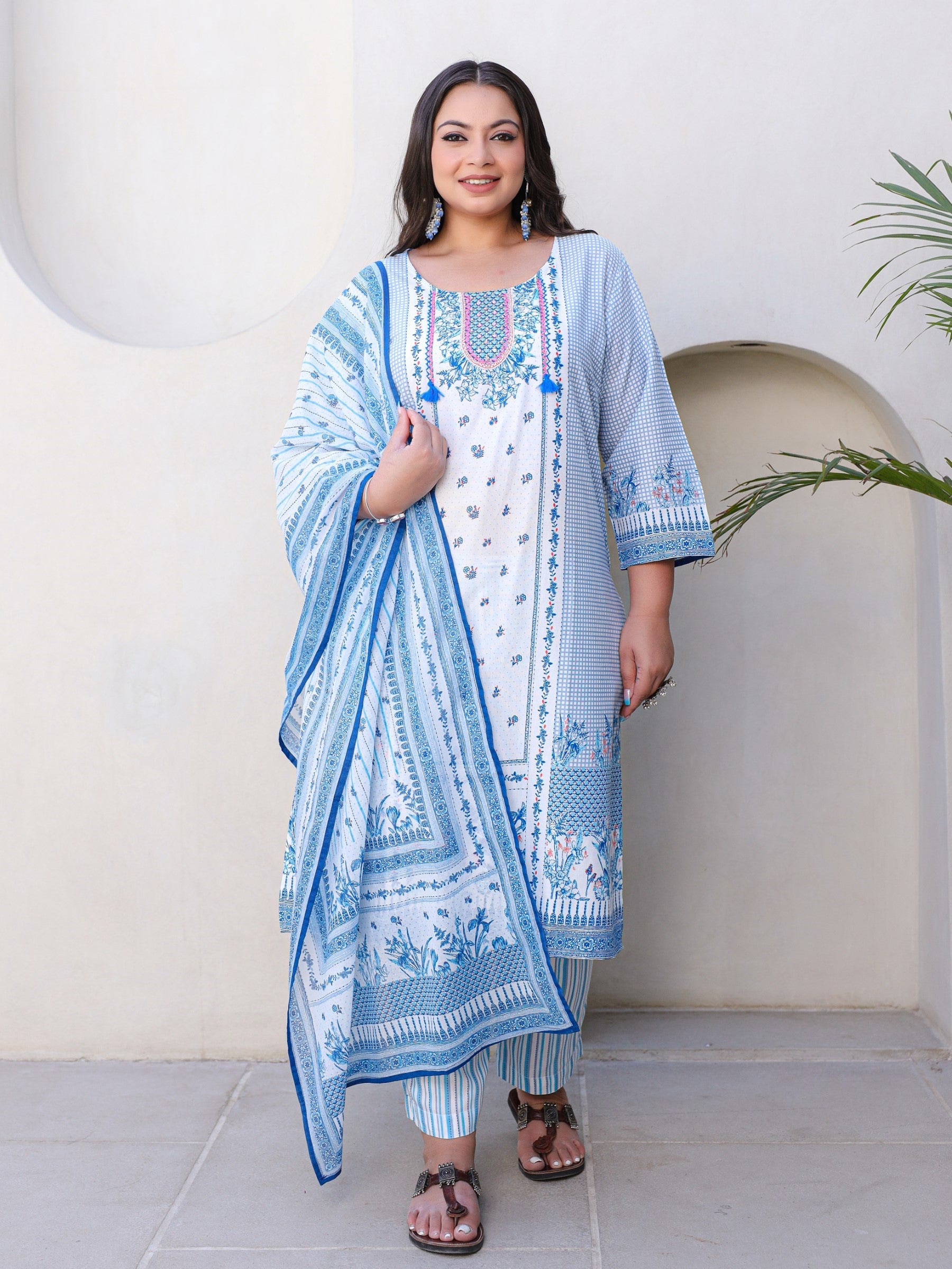 Blue Floral Printed & Stripped Rayon Plus Size Kurta Pants & Dupatta Set With Beads & Sequins (3-Pcs)