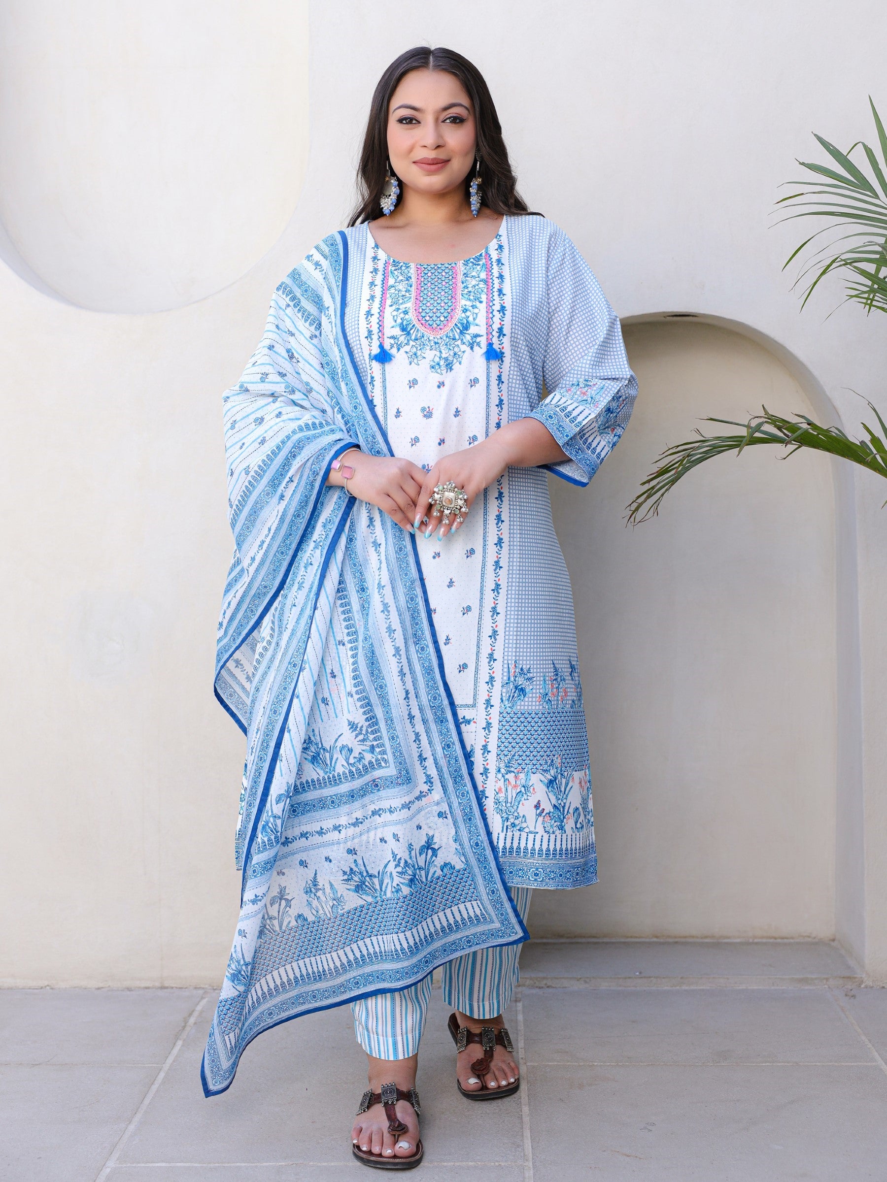 Blue Floral Printed & Stripped Rayon Plus Size Kurta Pants & Dupatta Set With Beads & Sequins (3-Pcs)