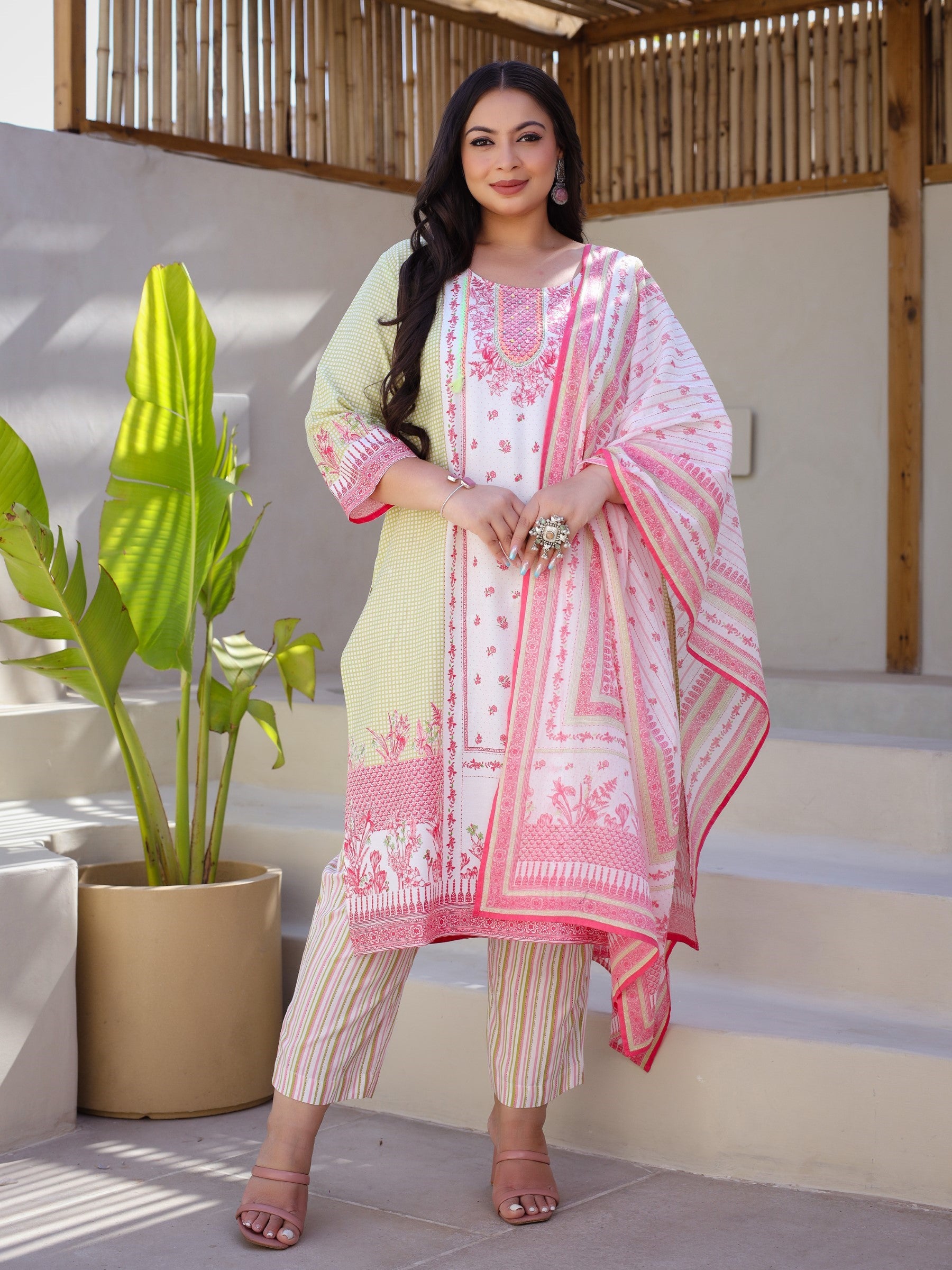 Juniper Multi-Colored Floral Printed & Stripped Rayon Plus Size Kurta Pants & Dupatta Set With Beads & Sequins (3-Pcs)